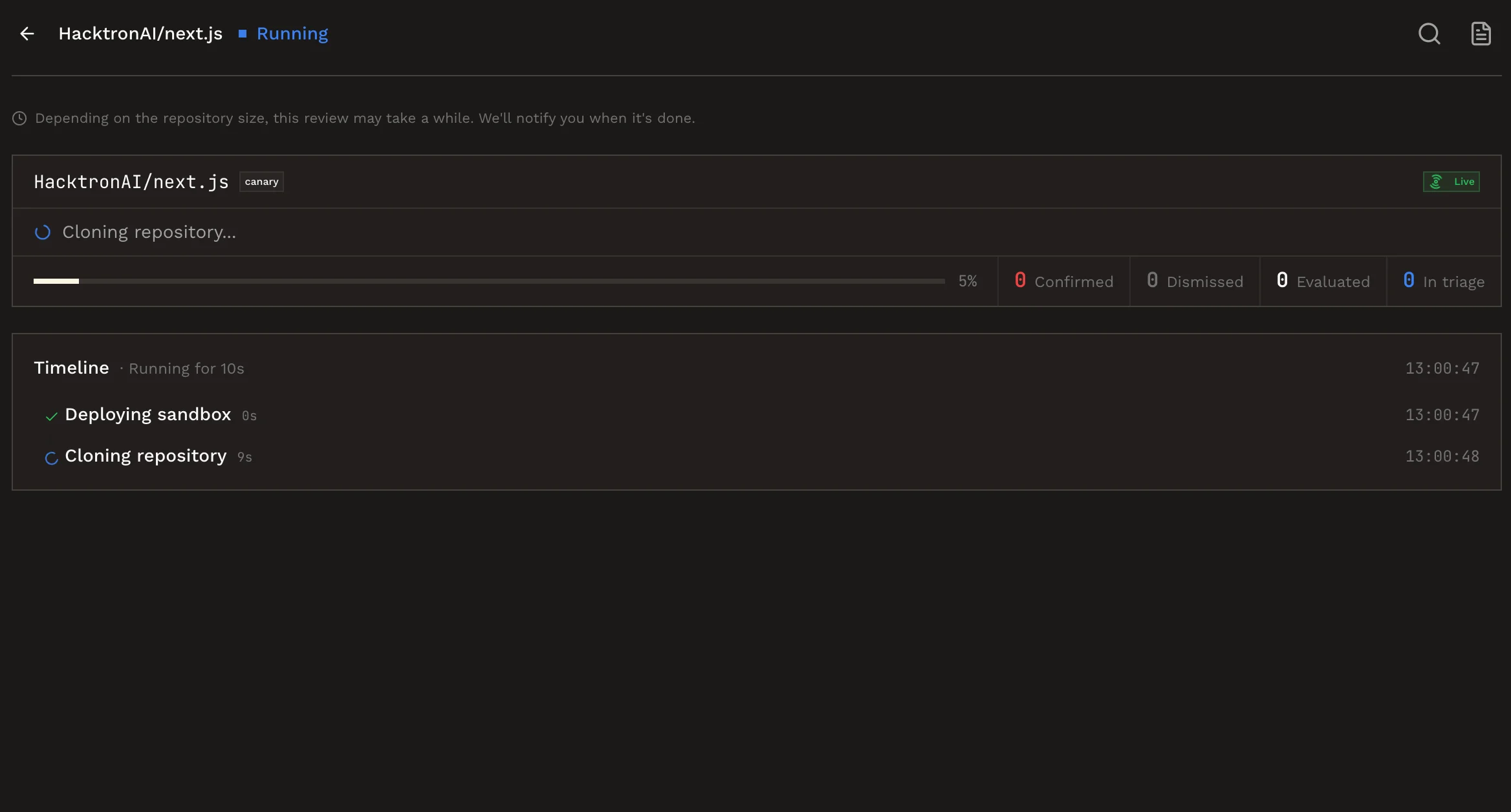 Track scan progress and review findings in the dashboard
