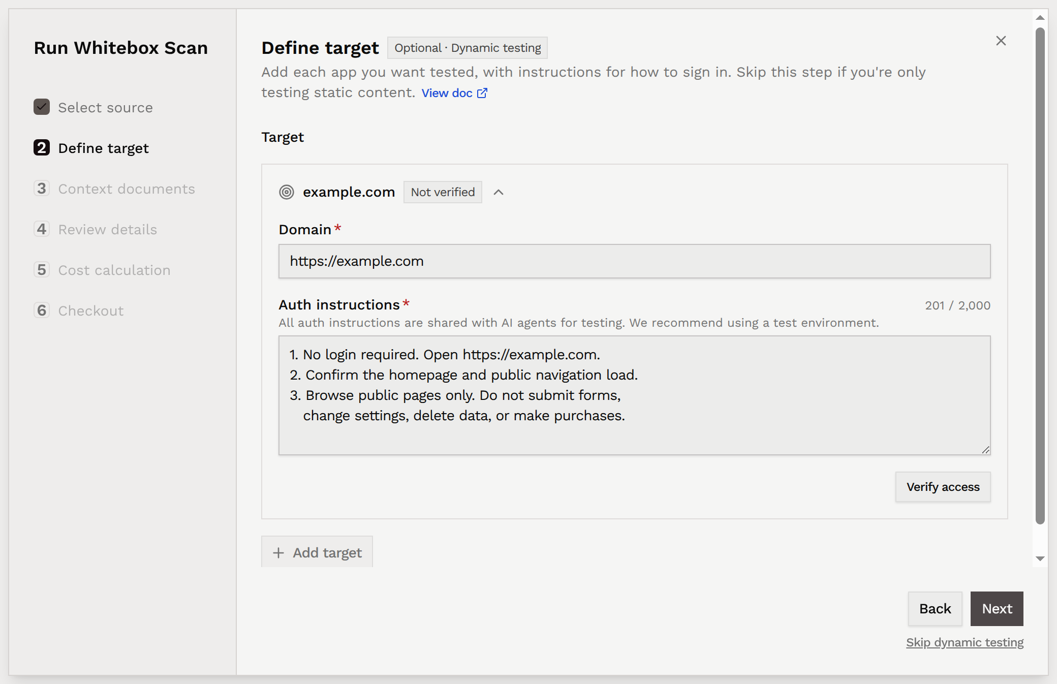 Define target with a domain, public-site auth instructions, Verify access, Add target, and Skip dynamic testing