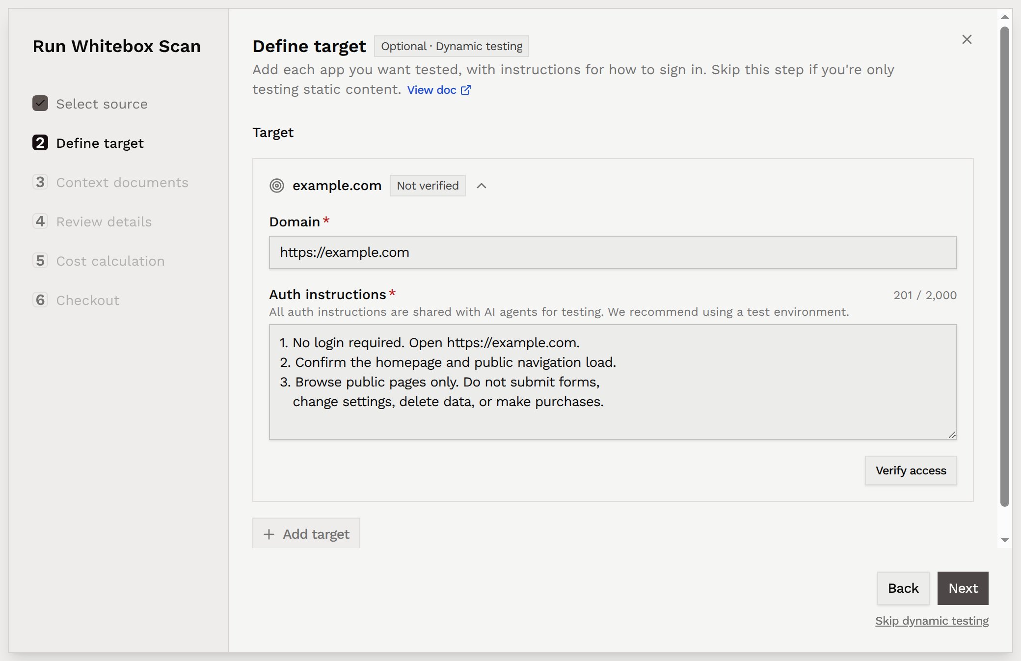 Define target with a domain, public-site auth instructions, Verify access, Add target, and Skip dynamic testing