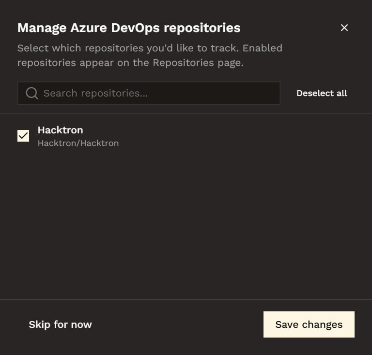 Azure DevOps Integration Select Repositories