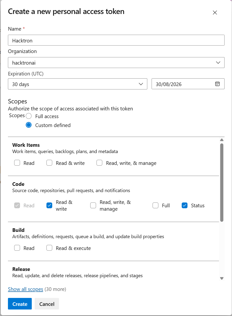 Create Azure DevOps Token
