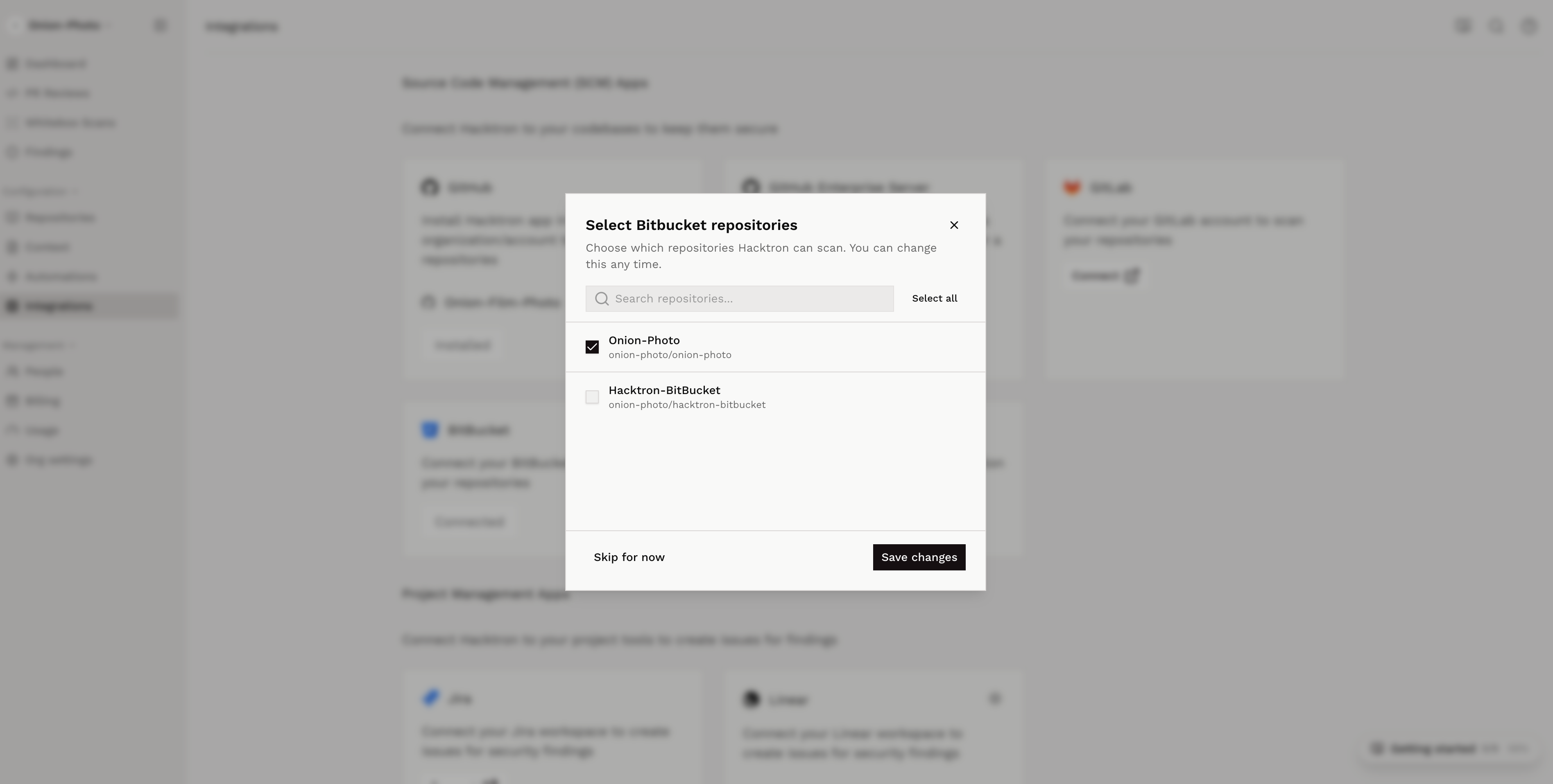 Bitbucket Integration Repo Selection