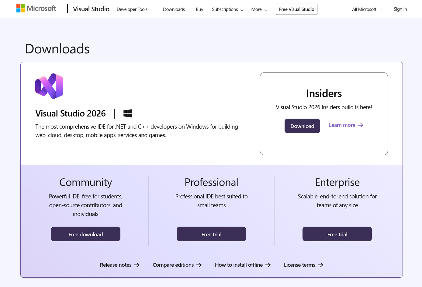 Screenshot of Visual Studio download page
