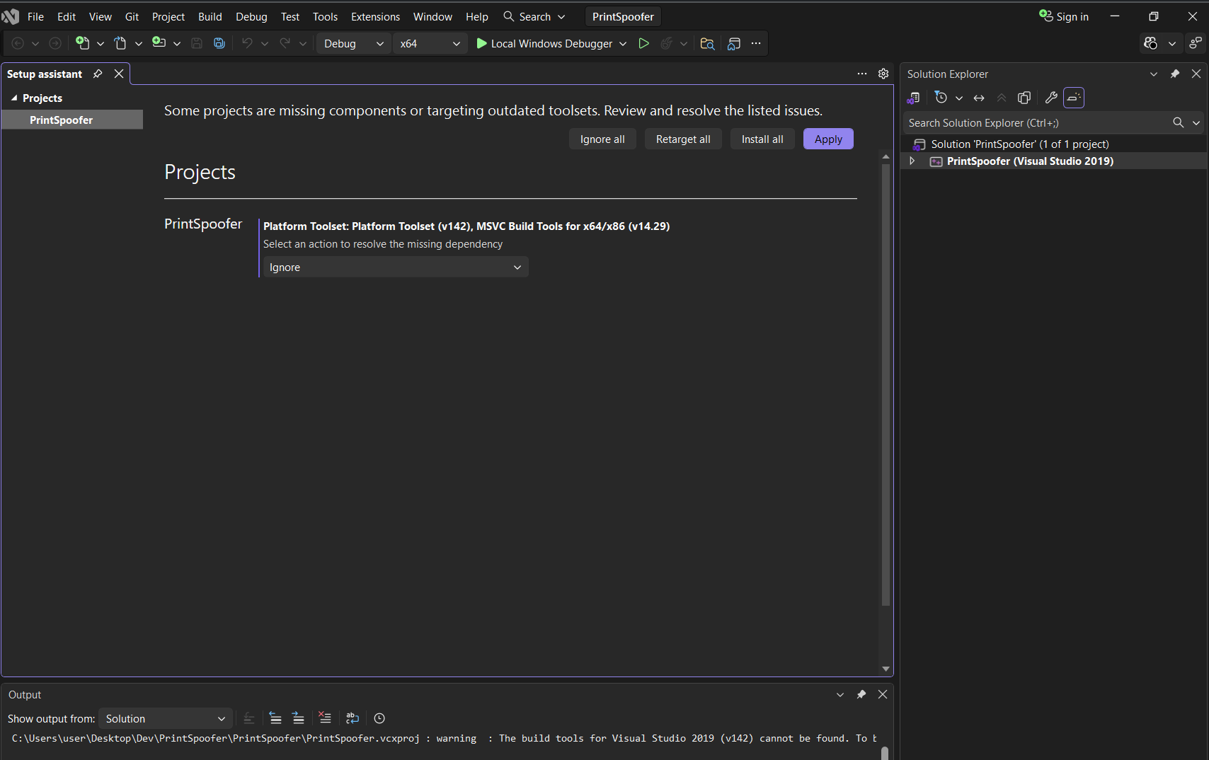 Screenshot of right-clicking Solution and selecting Retarget Solution