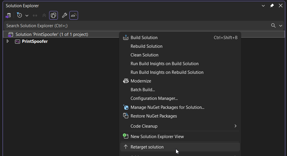 Screenshot of right-clicking Solution and selecting Retarget Solution later