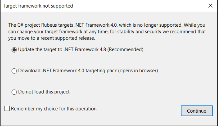 Screenshot of the updating the Target Framework