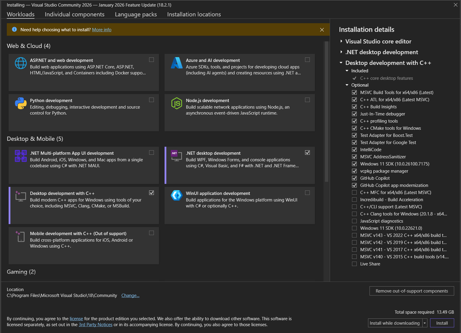 Screenshot of Choosing Workloads