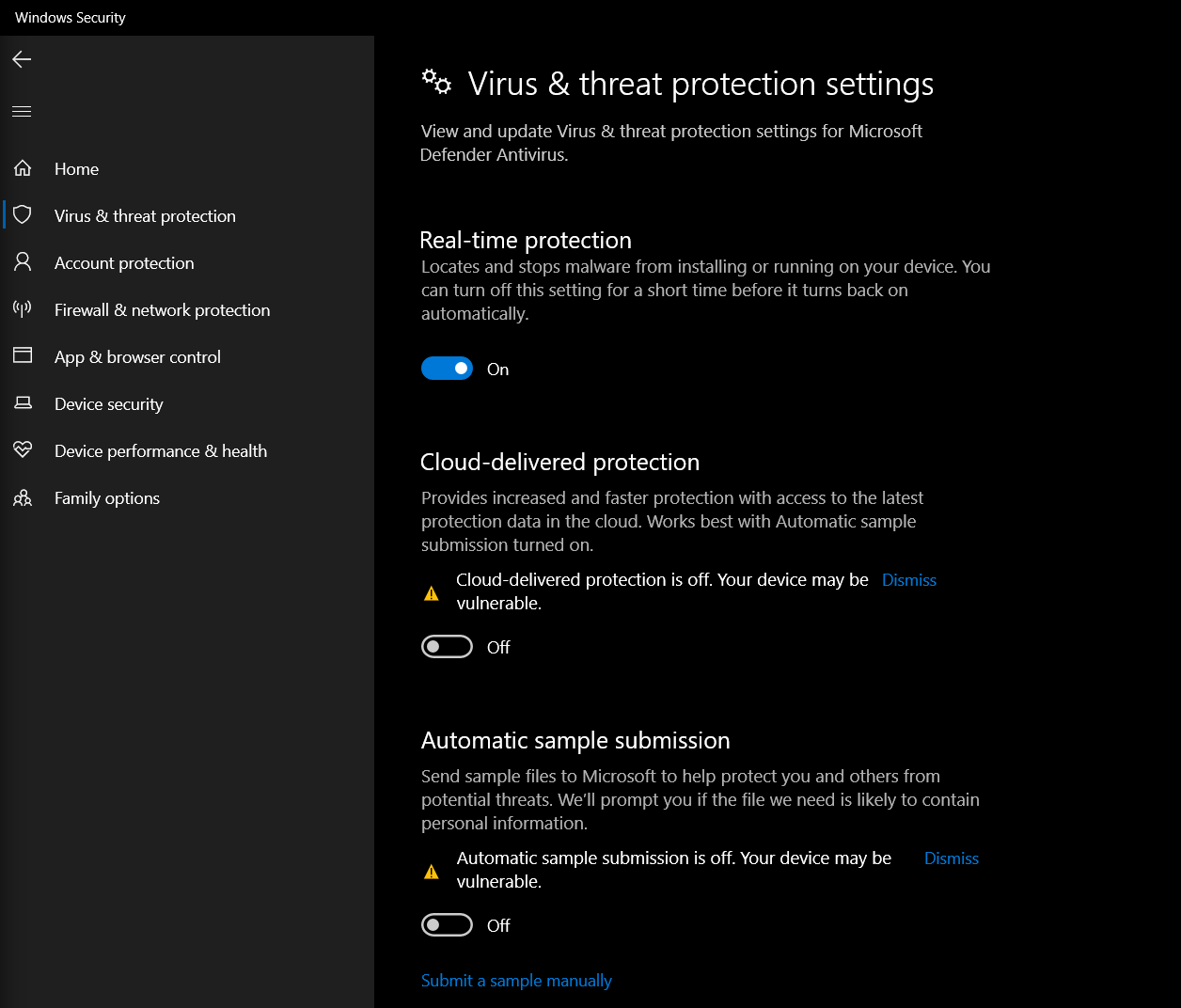 Screenshot of Windows Defender exclusion paths