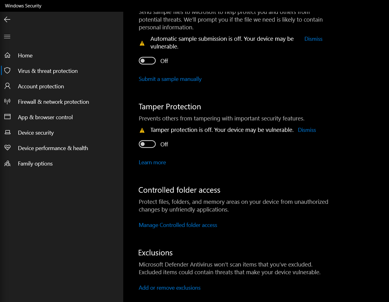 Screenshot of Windows Defender exclusion settings