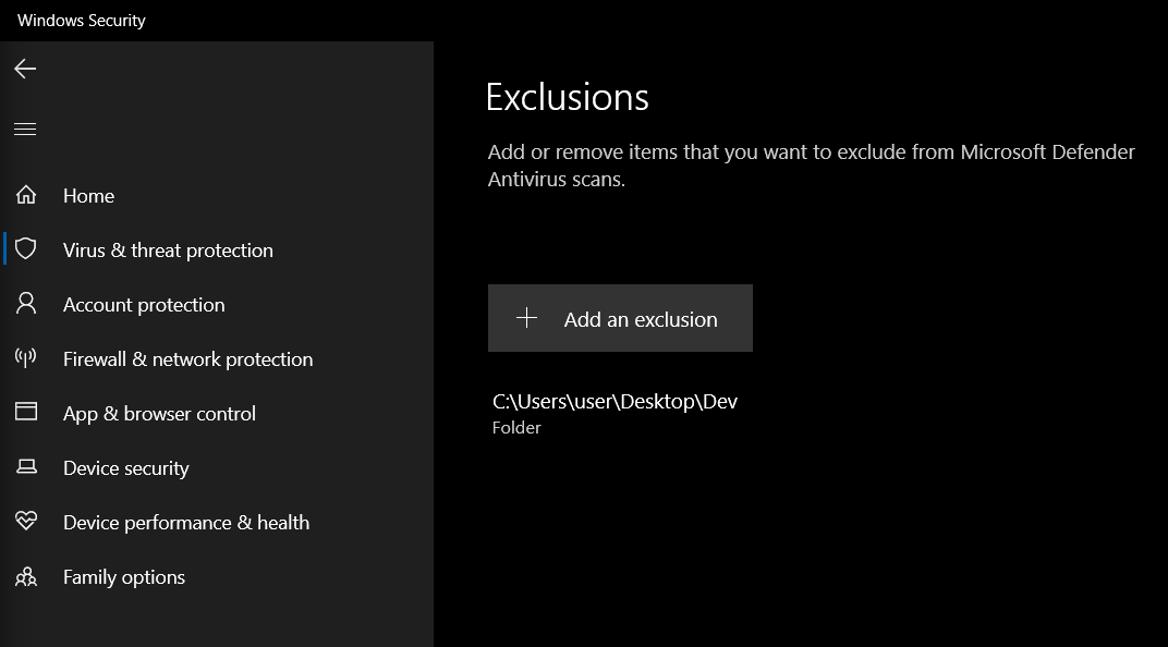 Screenshot of Windows Defender exclusion details