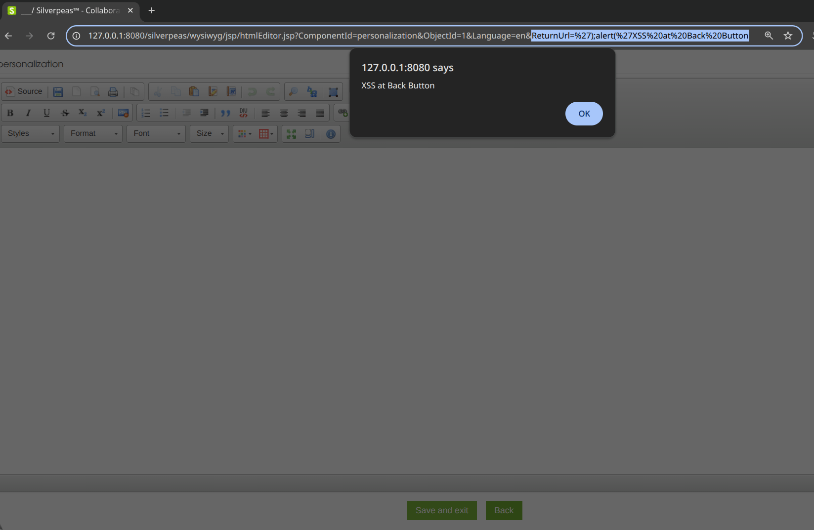 Alert dialog displayed after activating the vulnerable Back button
