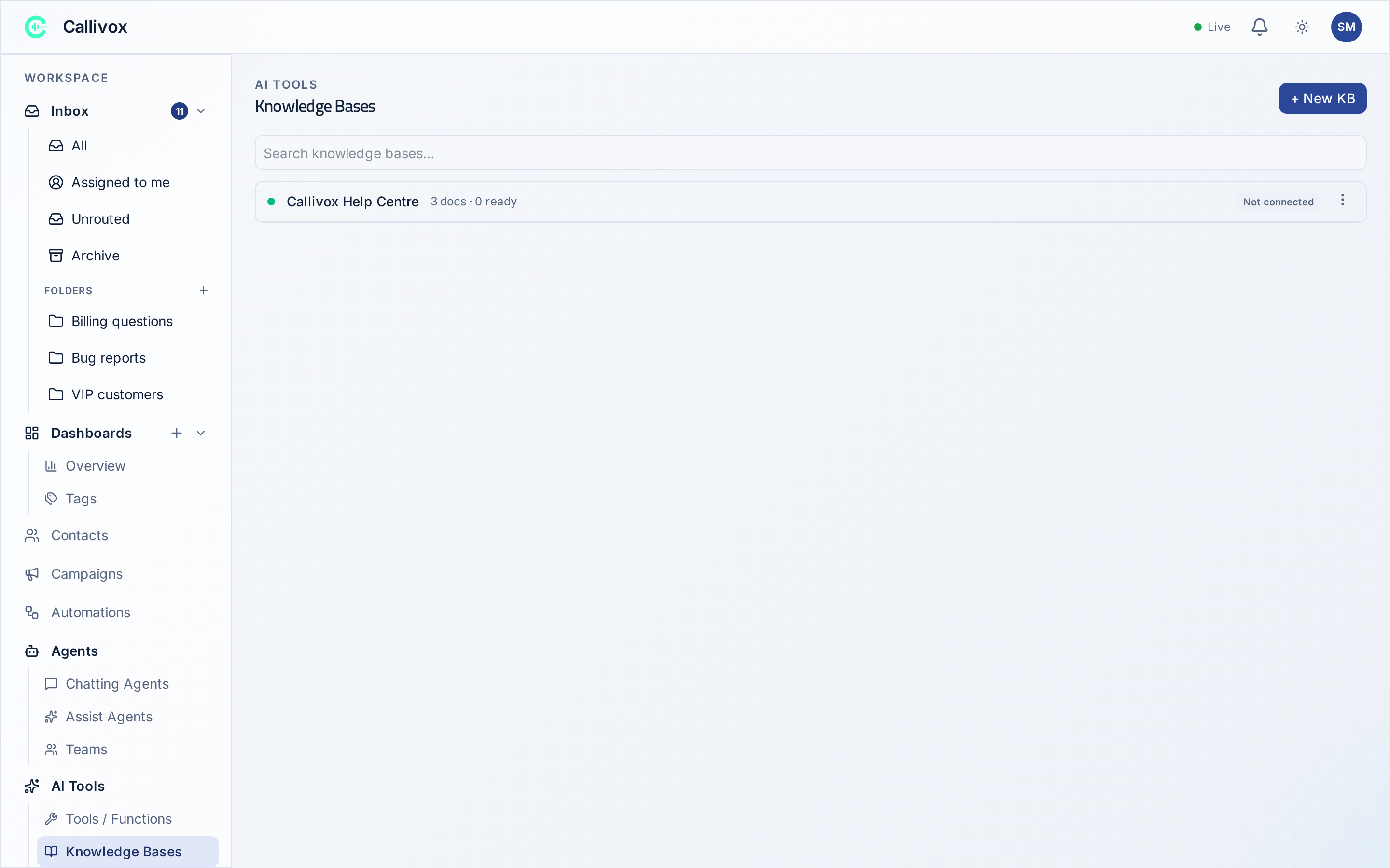 A knowledge base detail page showing documents and the three ways to add a source
