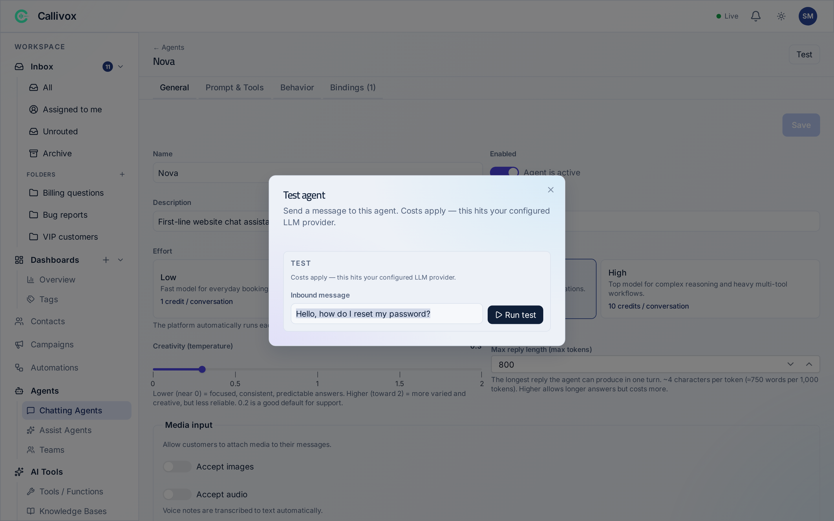 The Test agent dialog showing an inbound message, the reply, and the run metrics