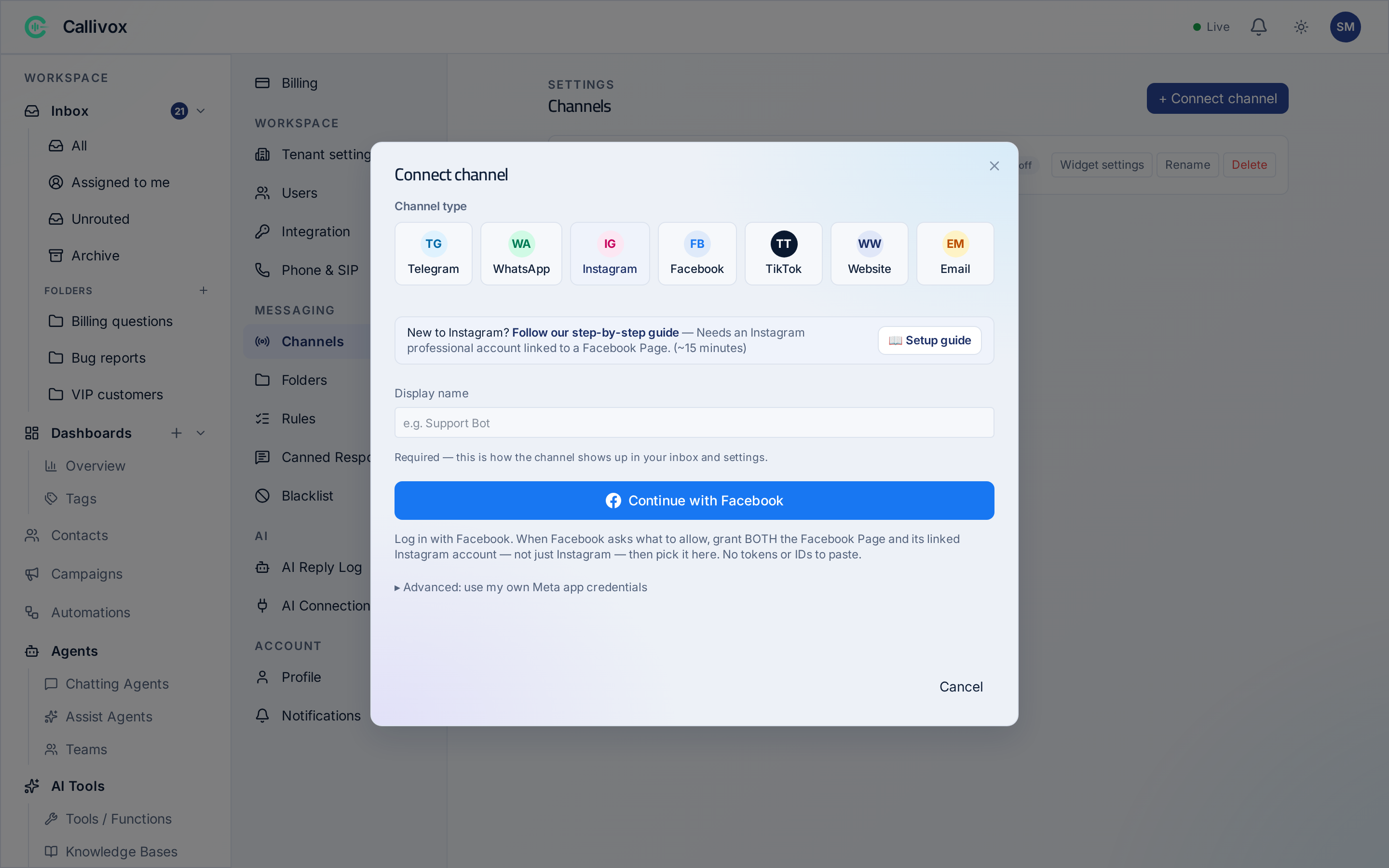 The Instagram connect dialog listing an Instagram account with the Facebook Page it is linked to