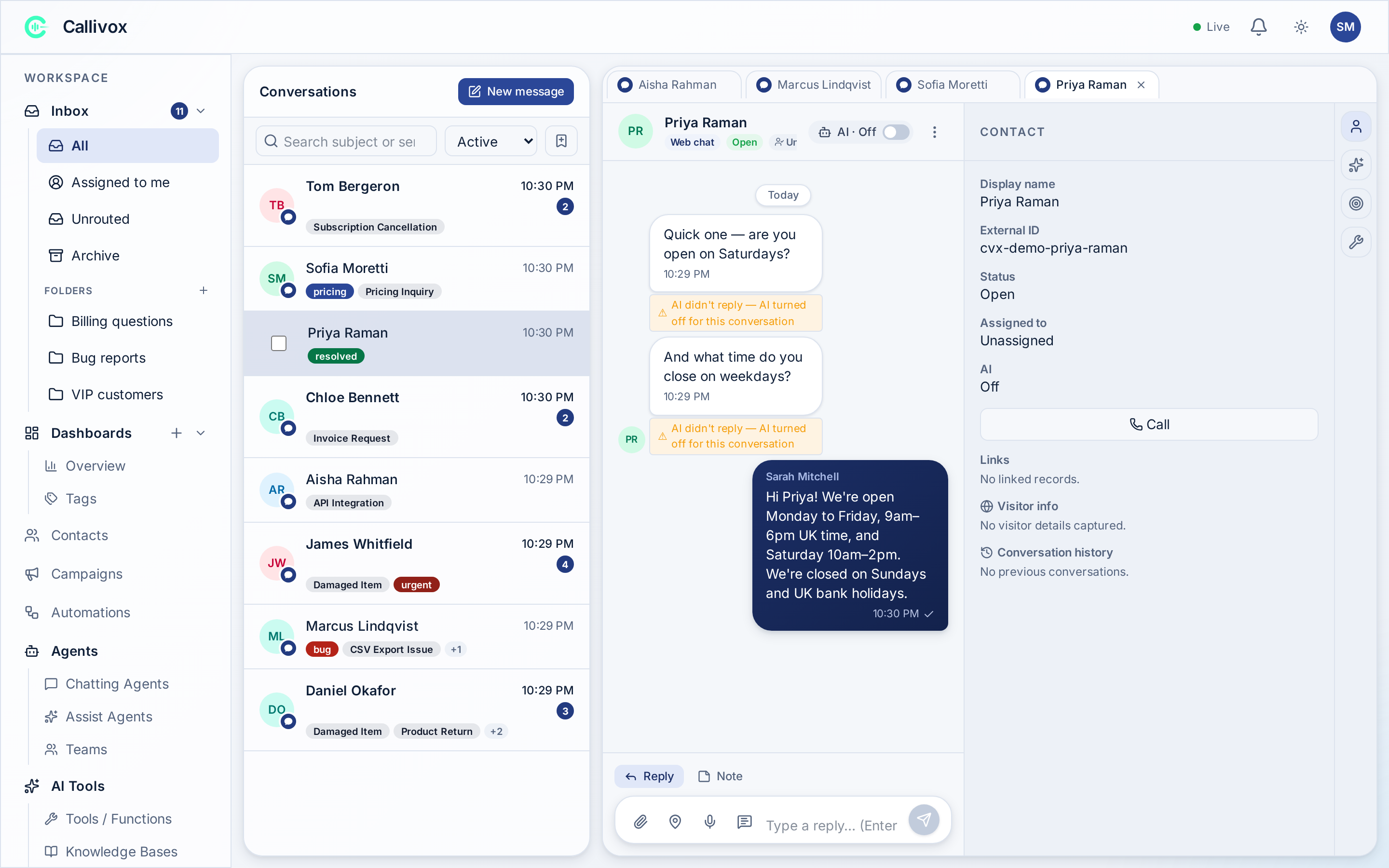 The Agent Assist panel showing a conversation summary, a mood badge, and suggested replies with Insert buttons