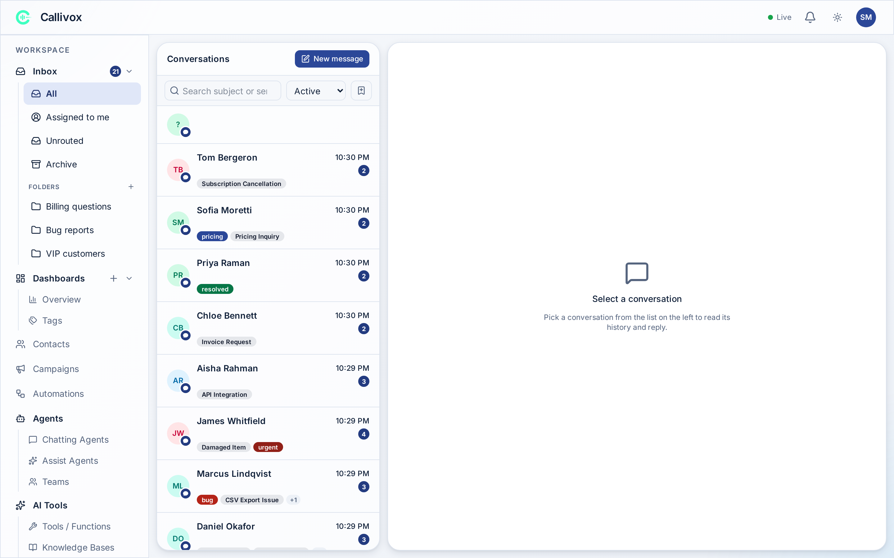 The Call Logs list with status, direction and assistant filters