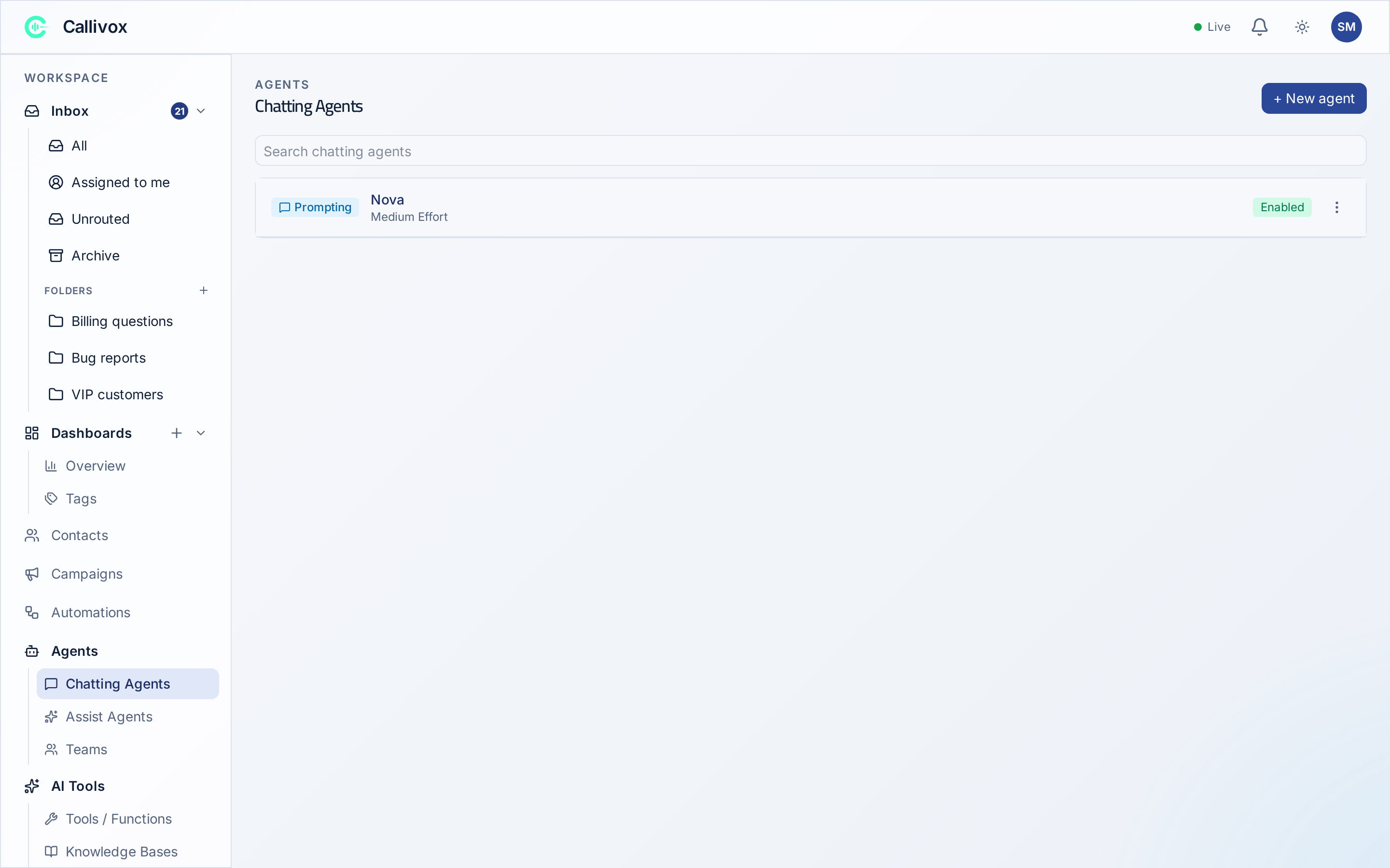 The Voice Agents list with a New voice agent button
