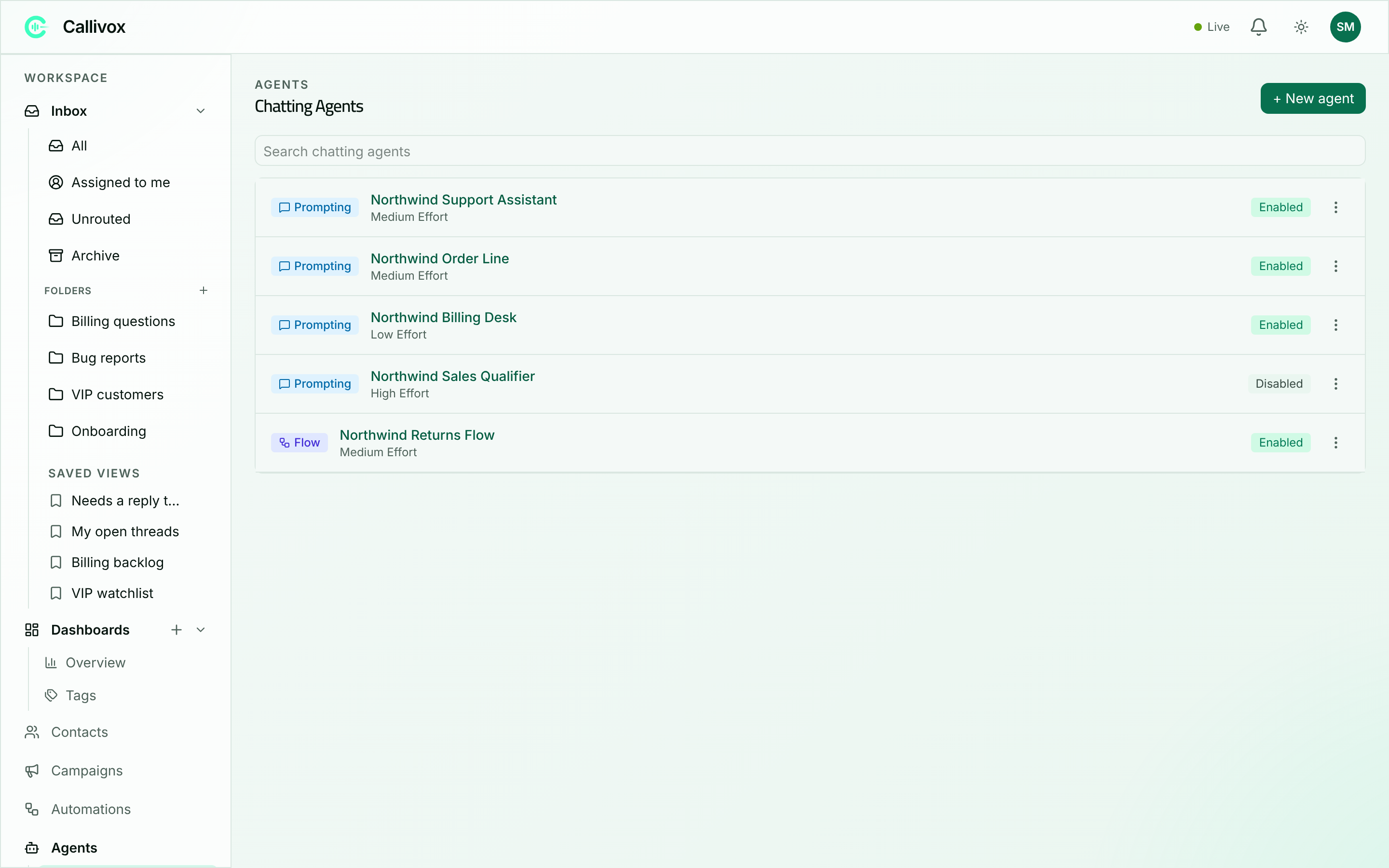 The Chatting Agents list showing several agents with their status