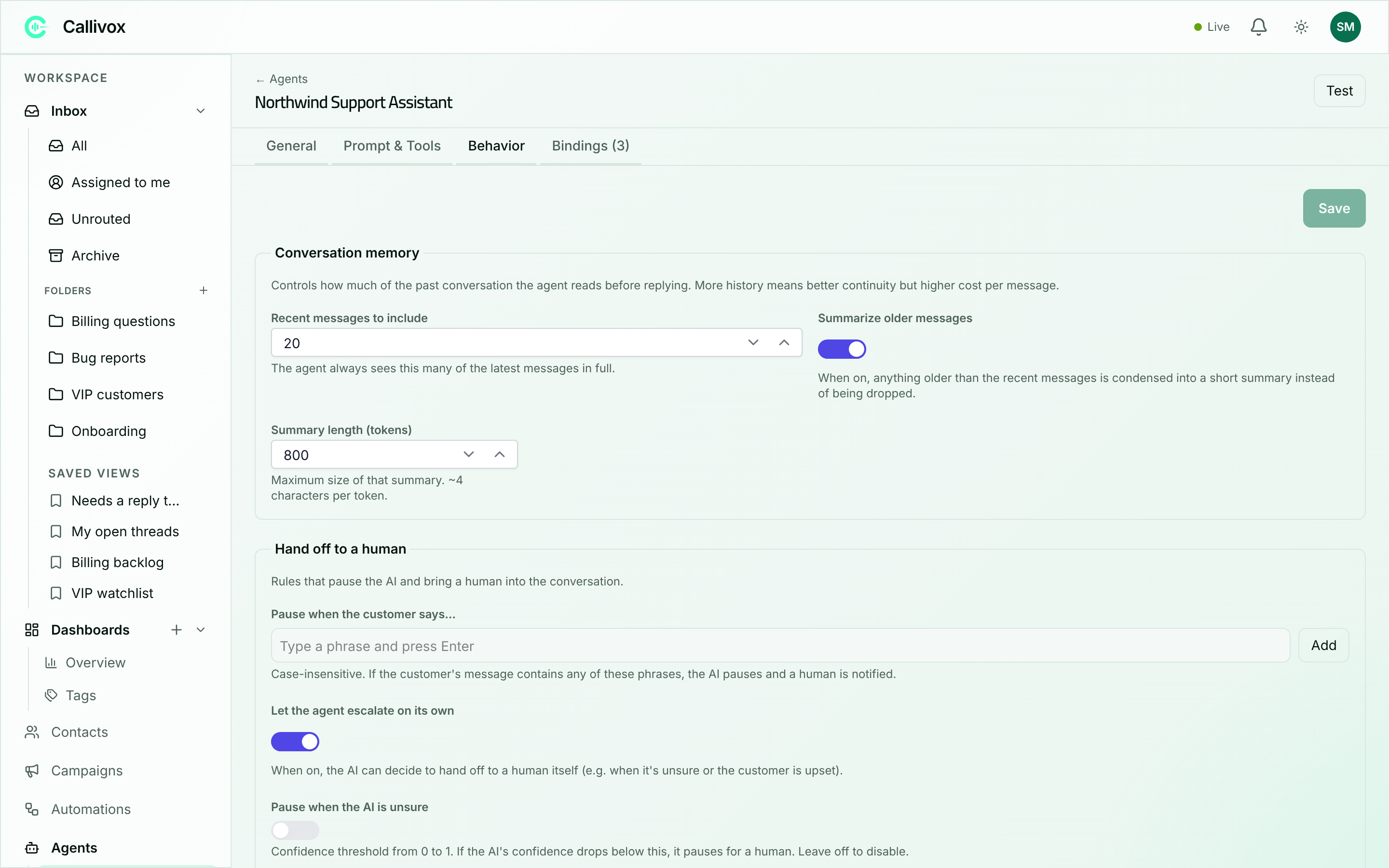 The Behavior tab showing conversation memory, handoff rules and objective settings