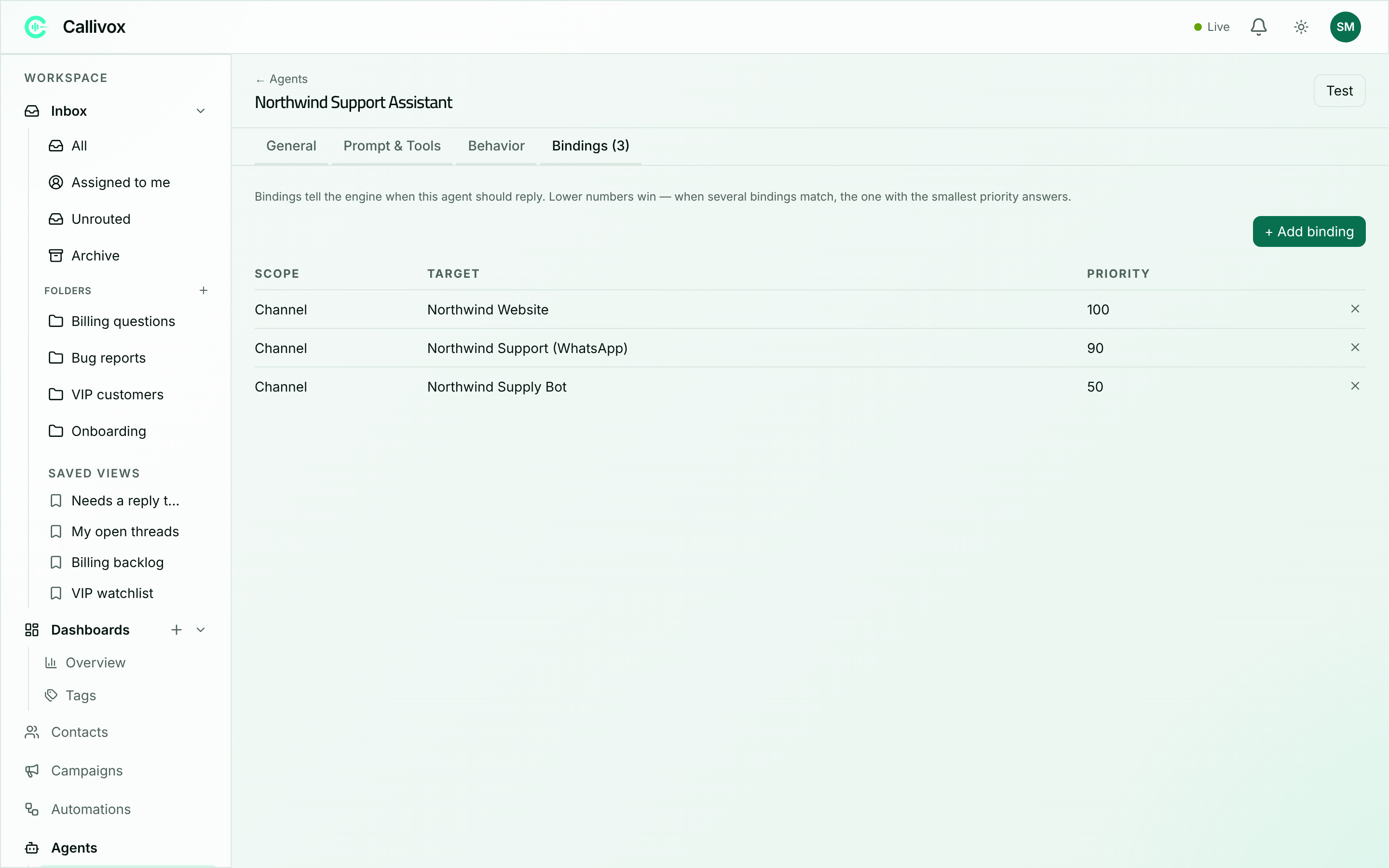 The Bindings tab listing bindings by scope, target and priority