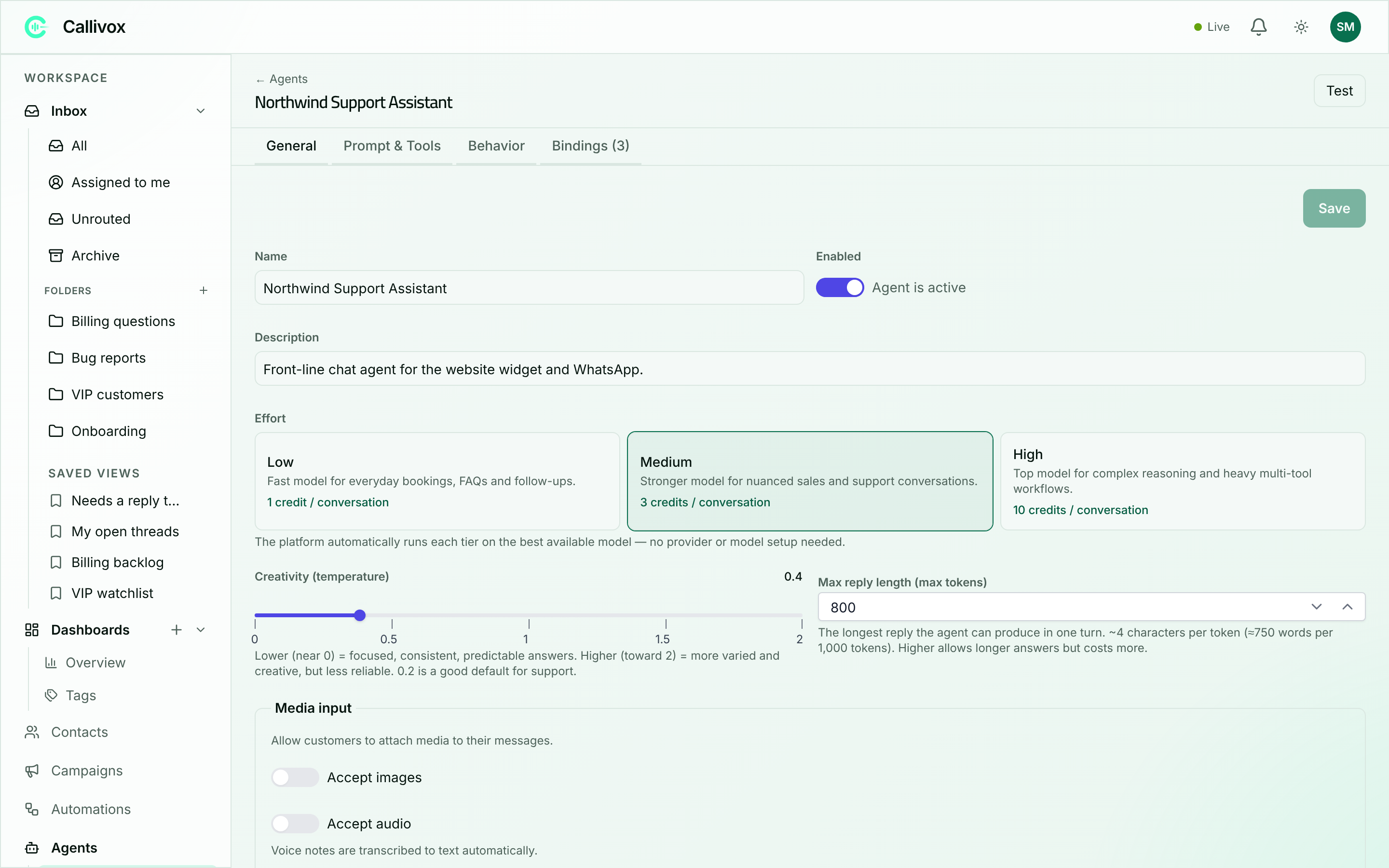 The General tab showing name, enabled switch, description and effort cards