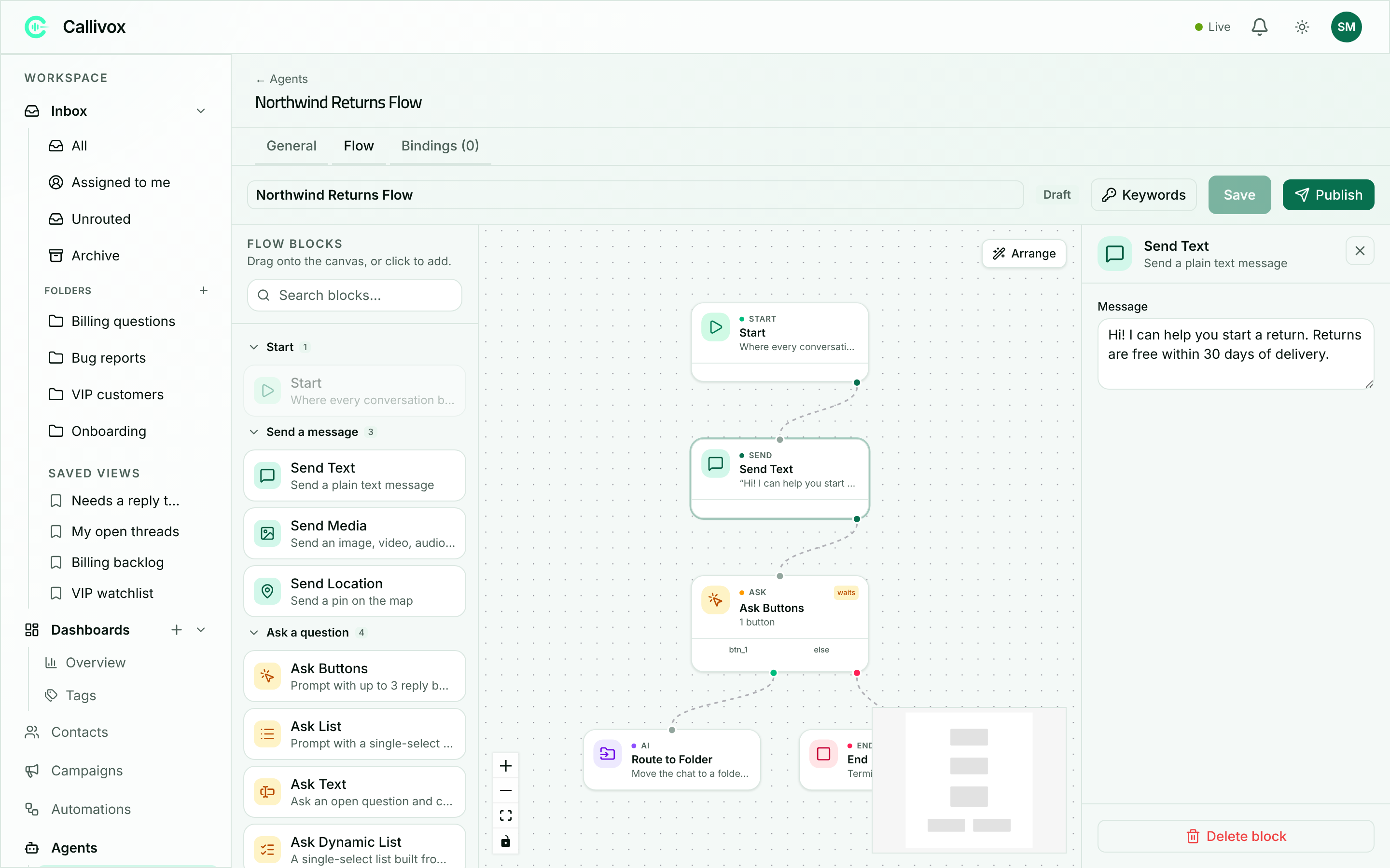 The flow canvas with connected nodes and the node palette on the left