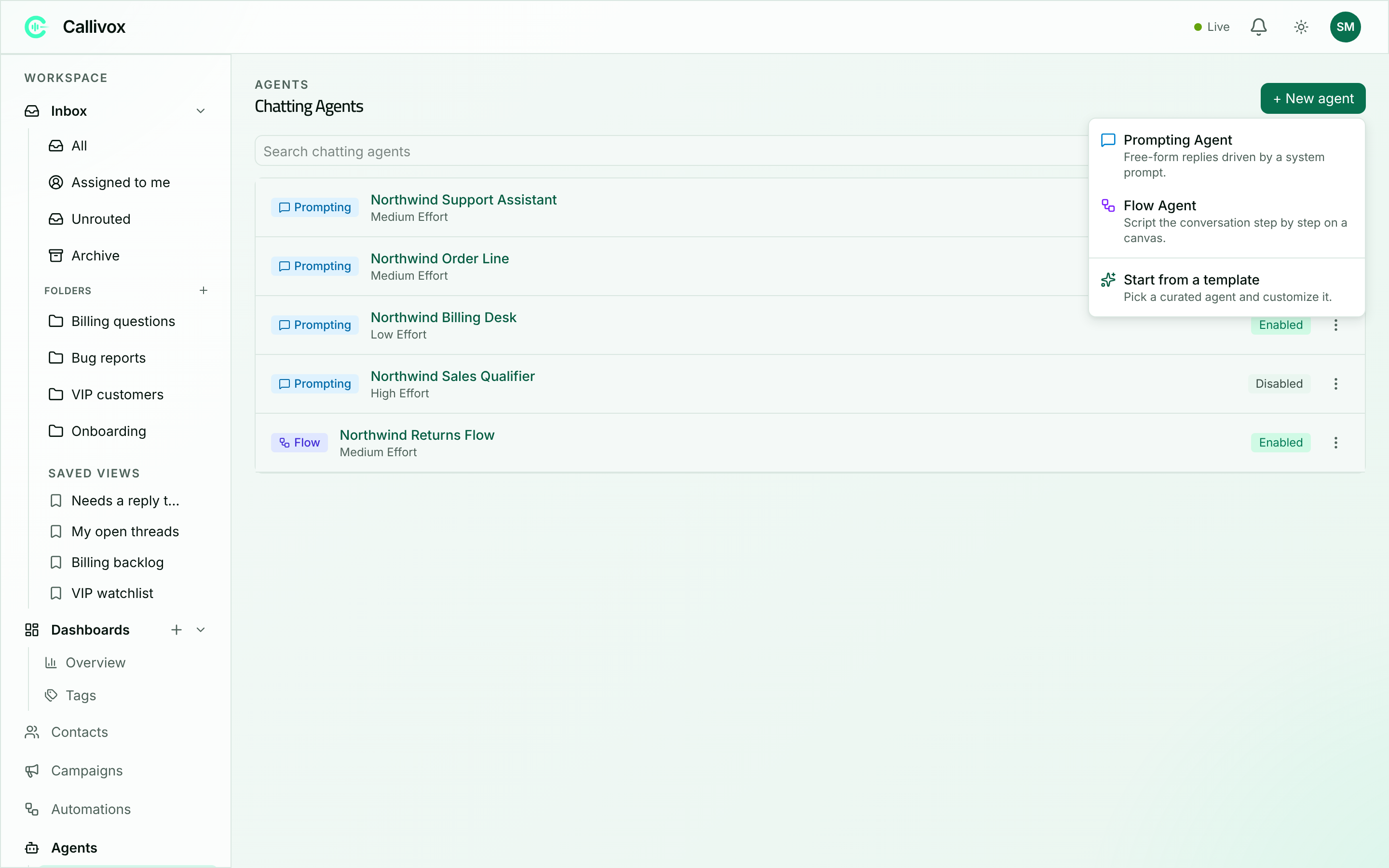 The + New agent dropdown offering Prompting Agent, Flow Agent and Start from a template