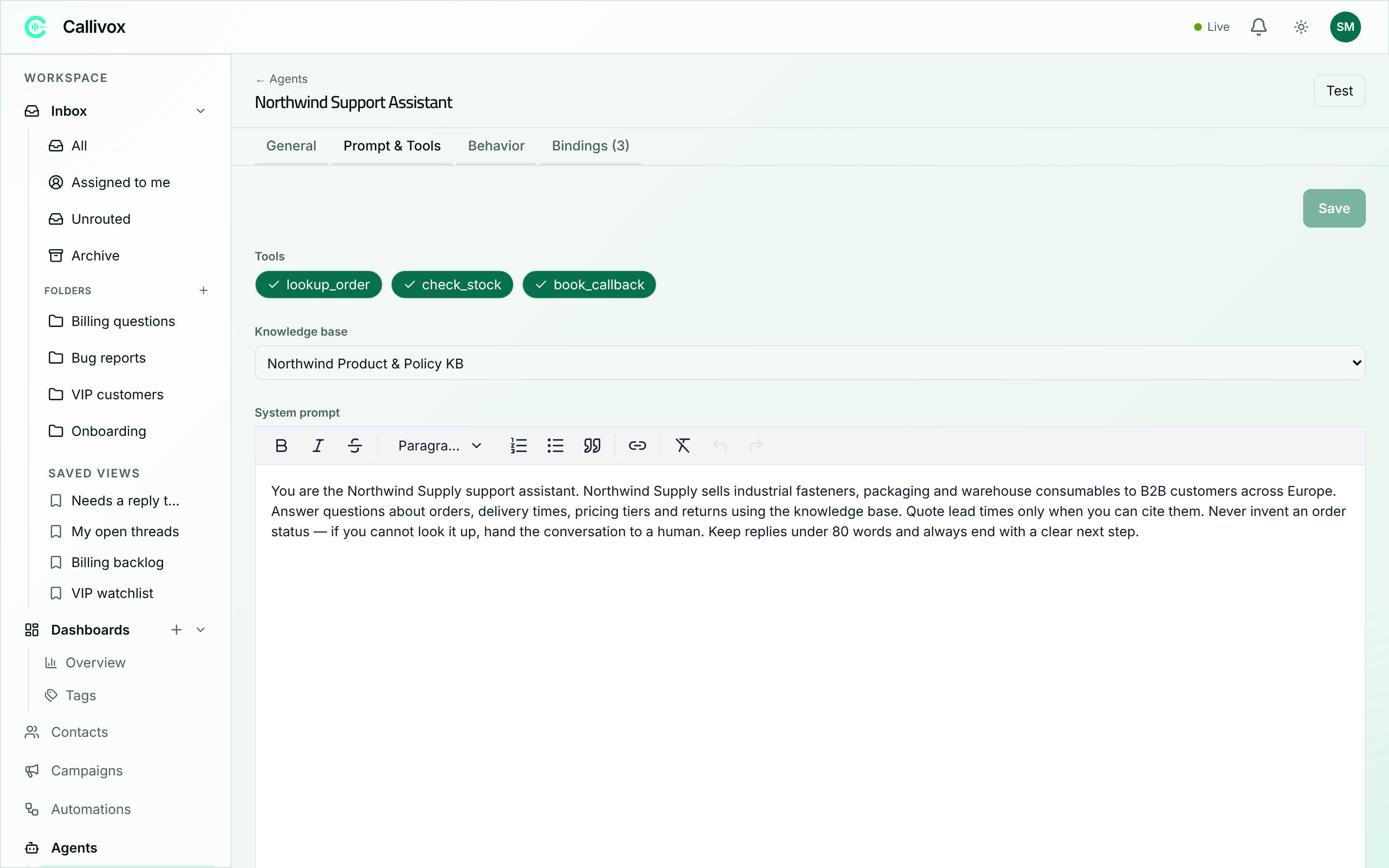 The Prompt and Tools tab with the tools picker, knowledge base selector and system prompt editor