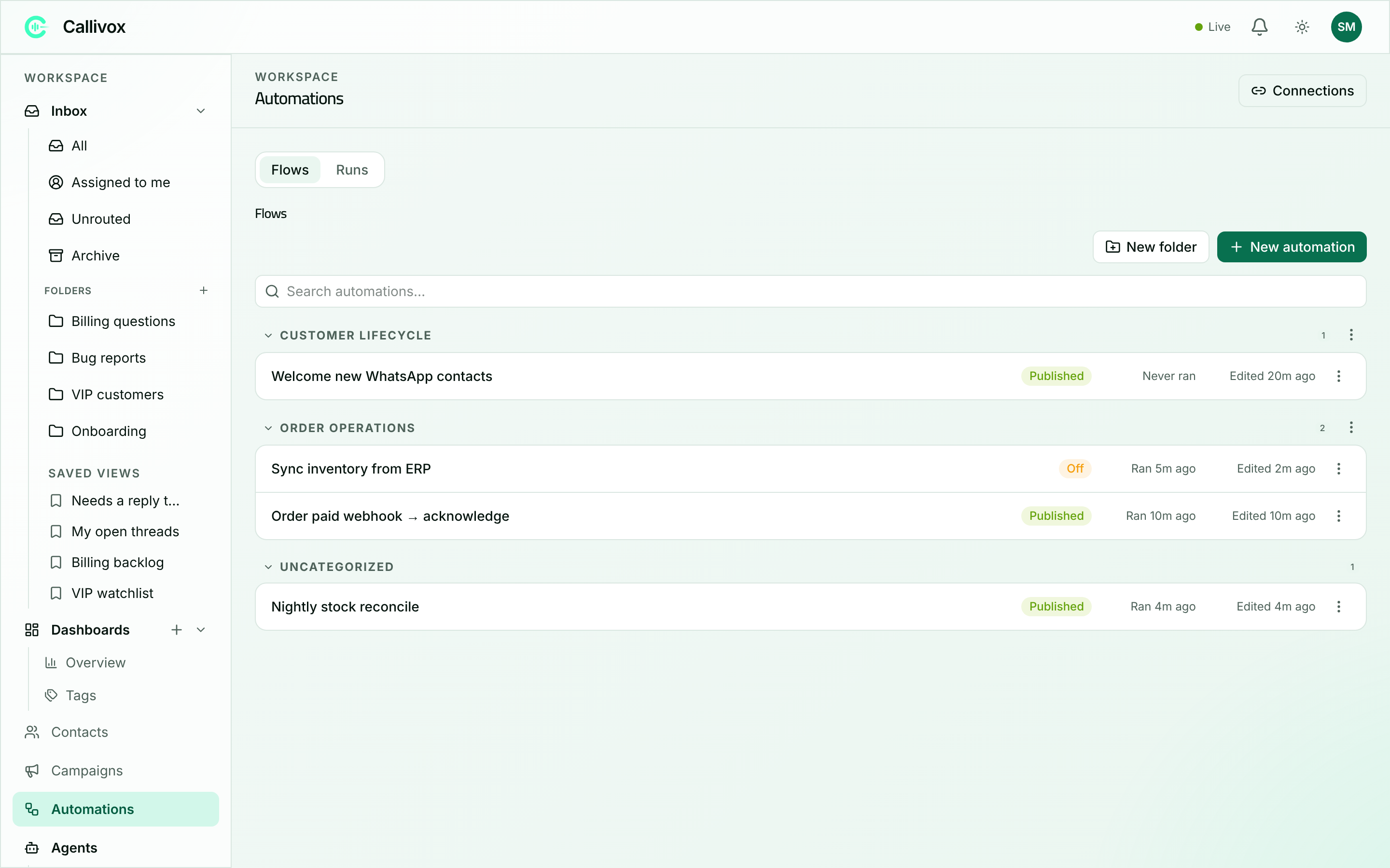 The Automations page in Callivox showing a list of flows with status badges and last-run times