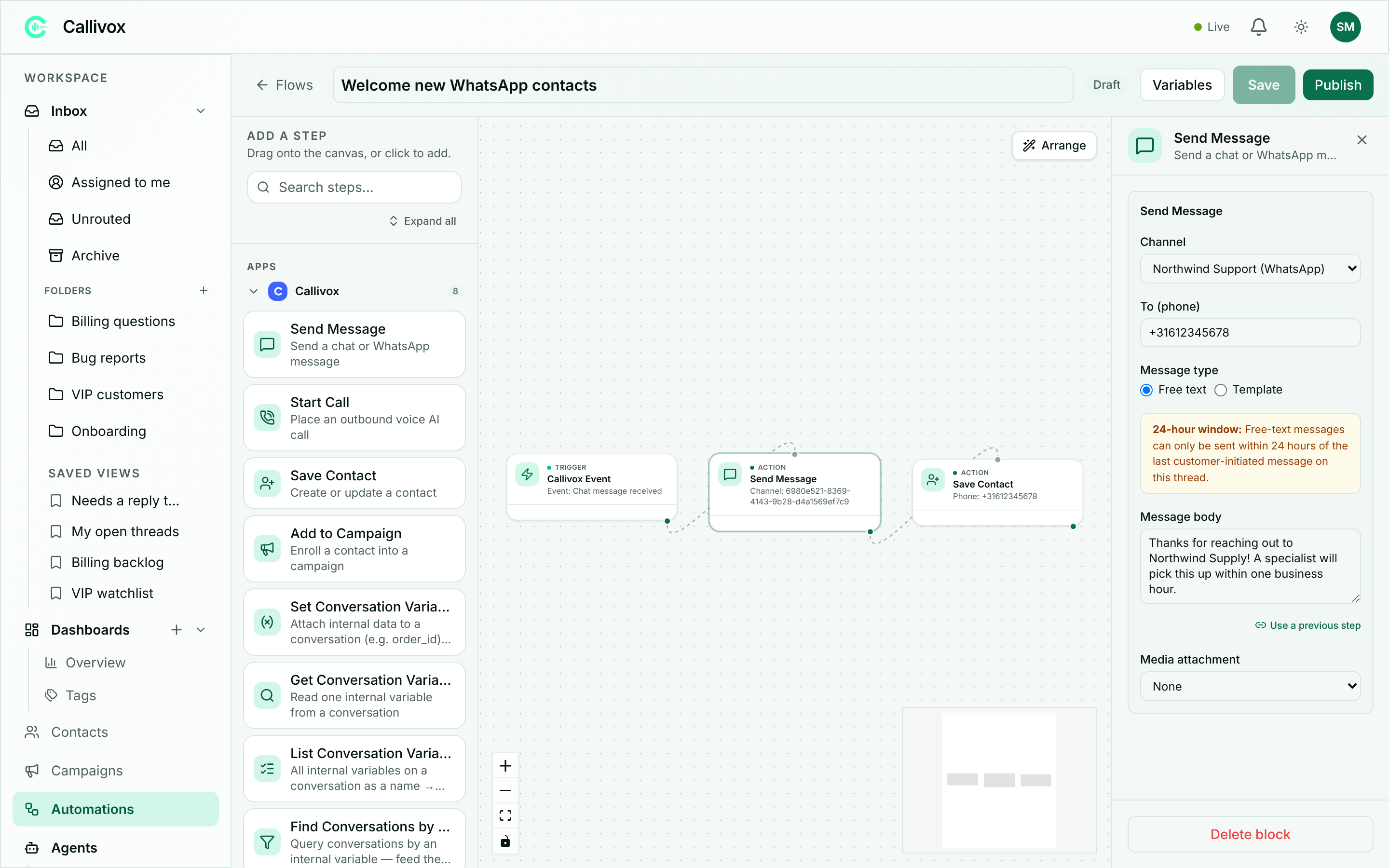 The Callivox automation builder showing a trigger connected to two action blocks, with the settings panel open
