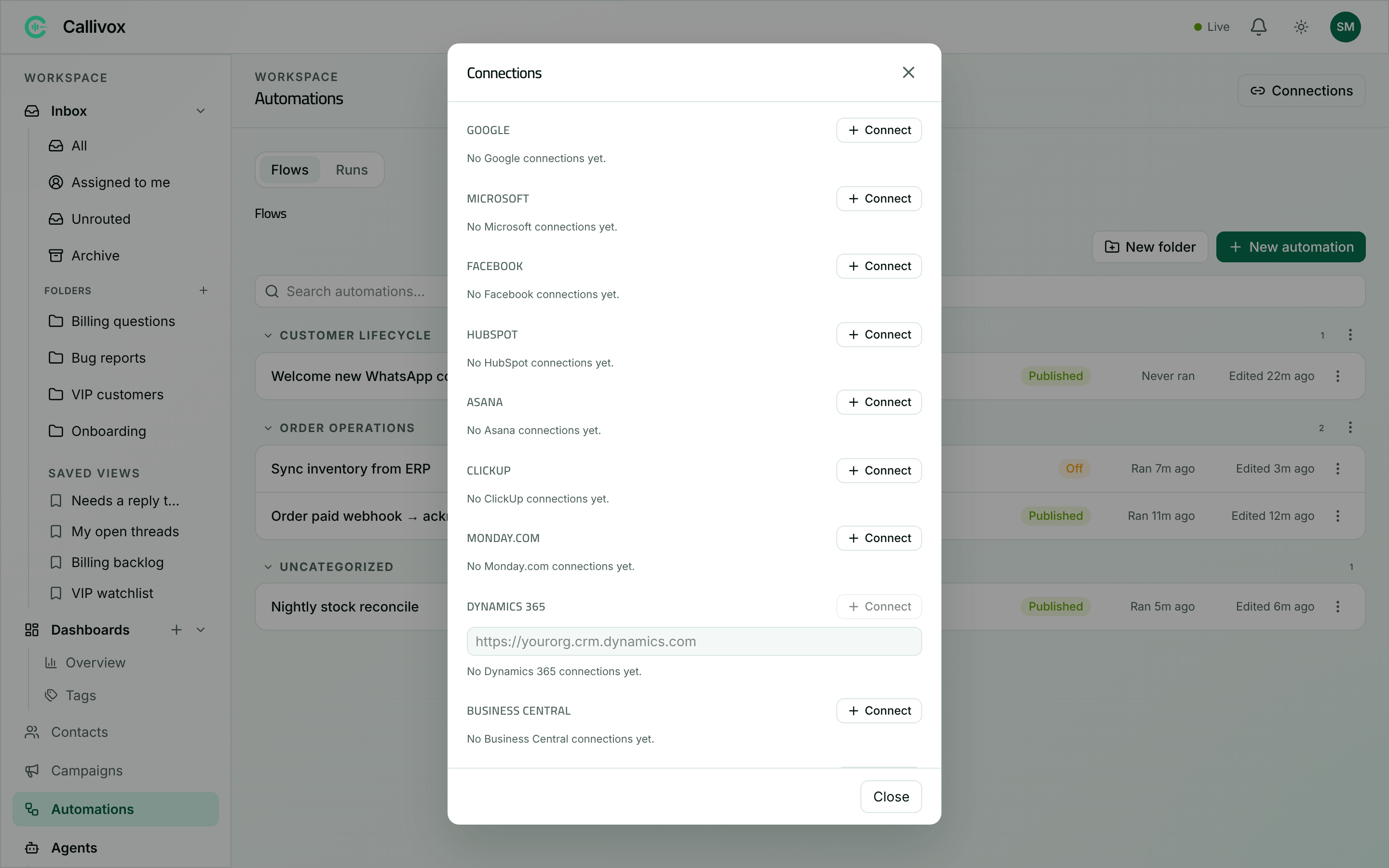 The Connections dialog listing OAuth providers and the Add API key section