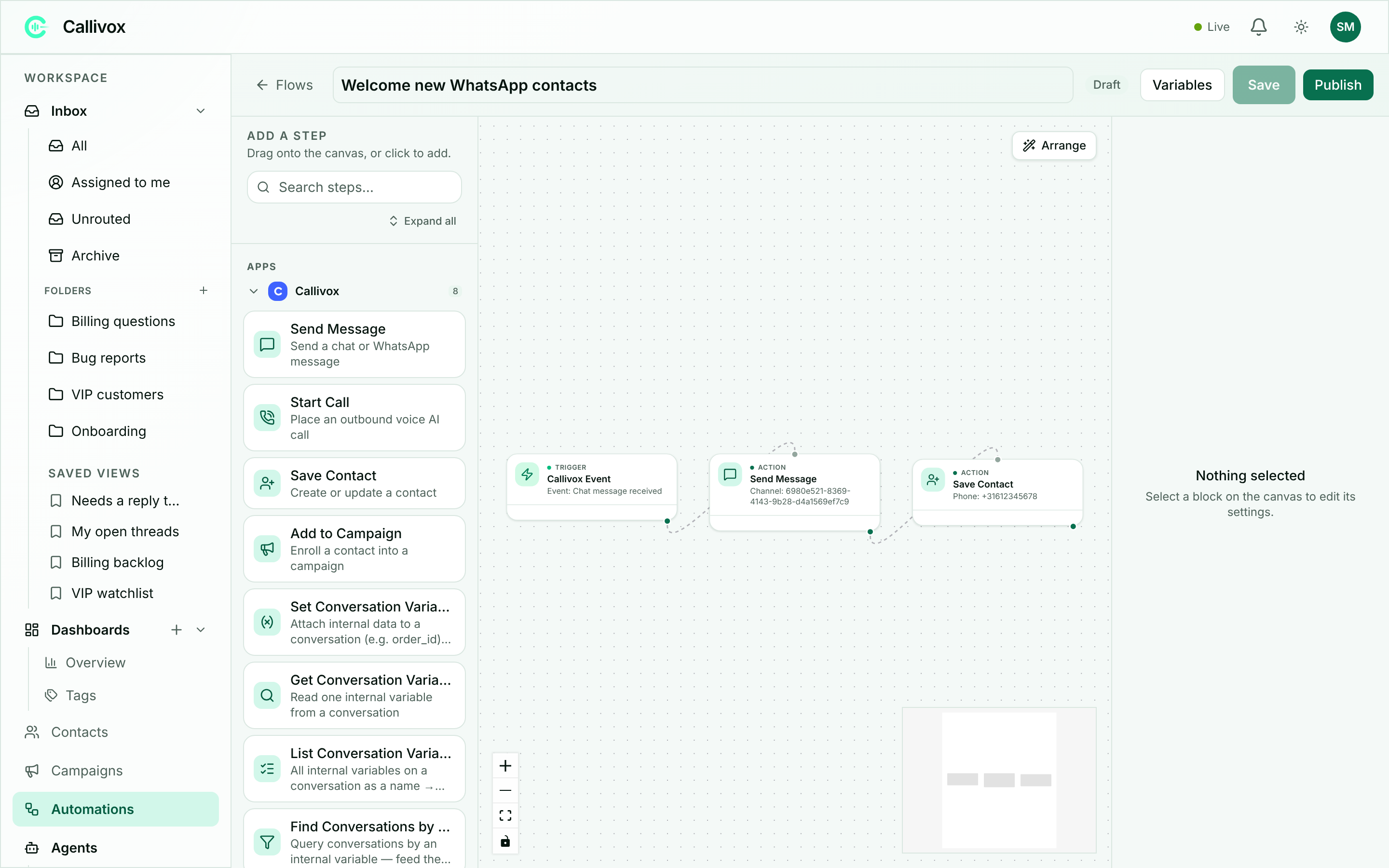 The automation builder block palette with the Callivox section expanded