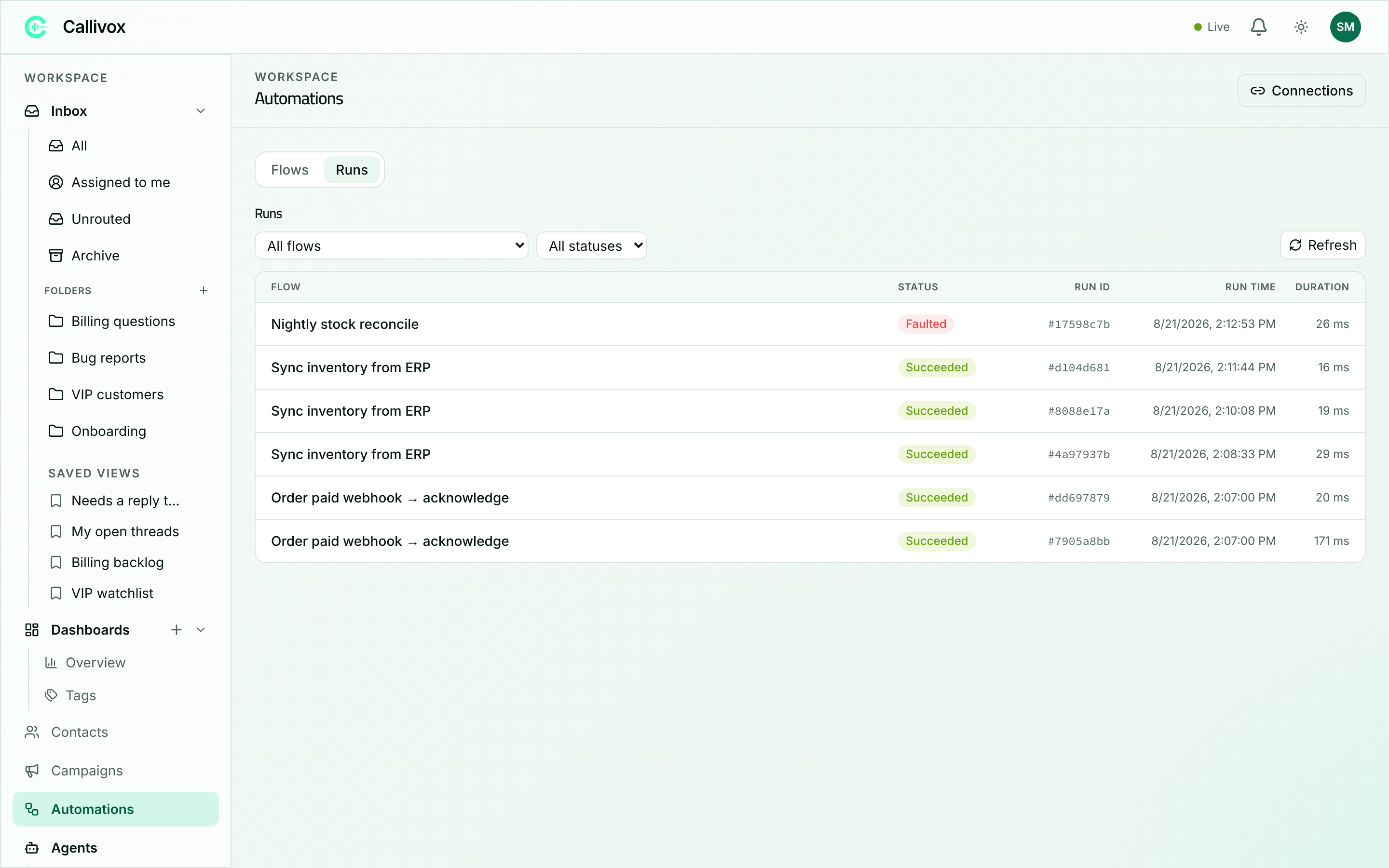 The Runs list on the Automations page showing runs with Succeeded and Faulted statuses