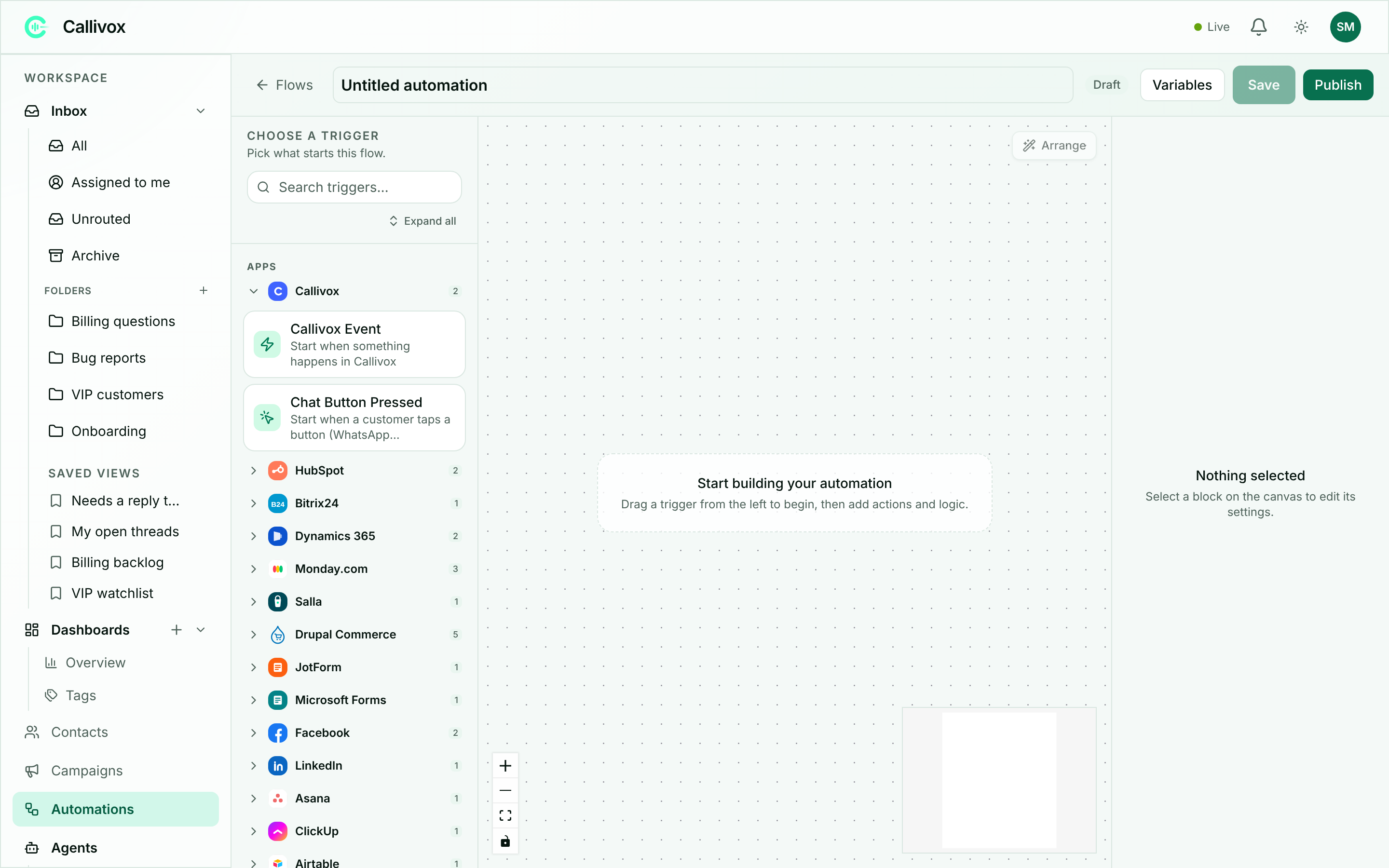 The automation builder palette listing the available trigger blocks