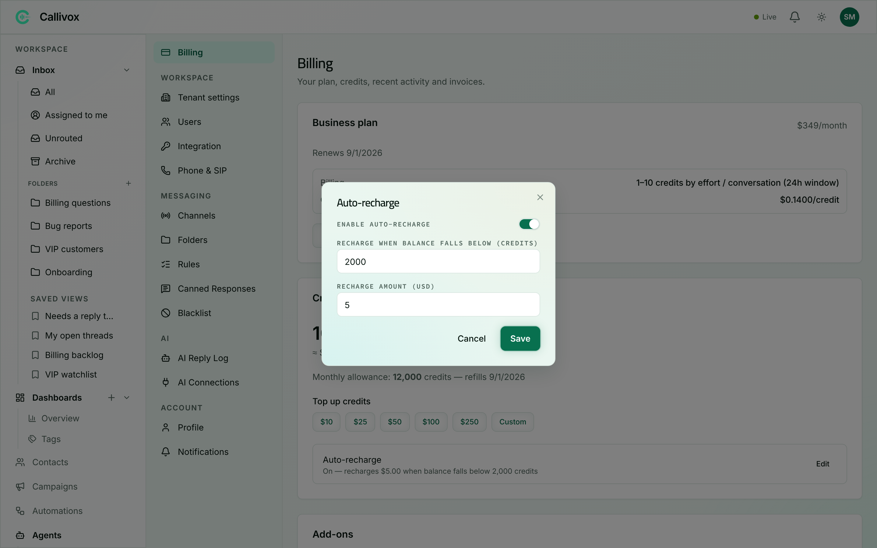 The auto-recharge dialog in Callivox with a credit threshold field and a top-up amount field