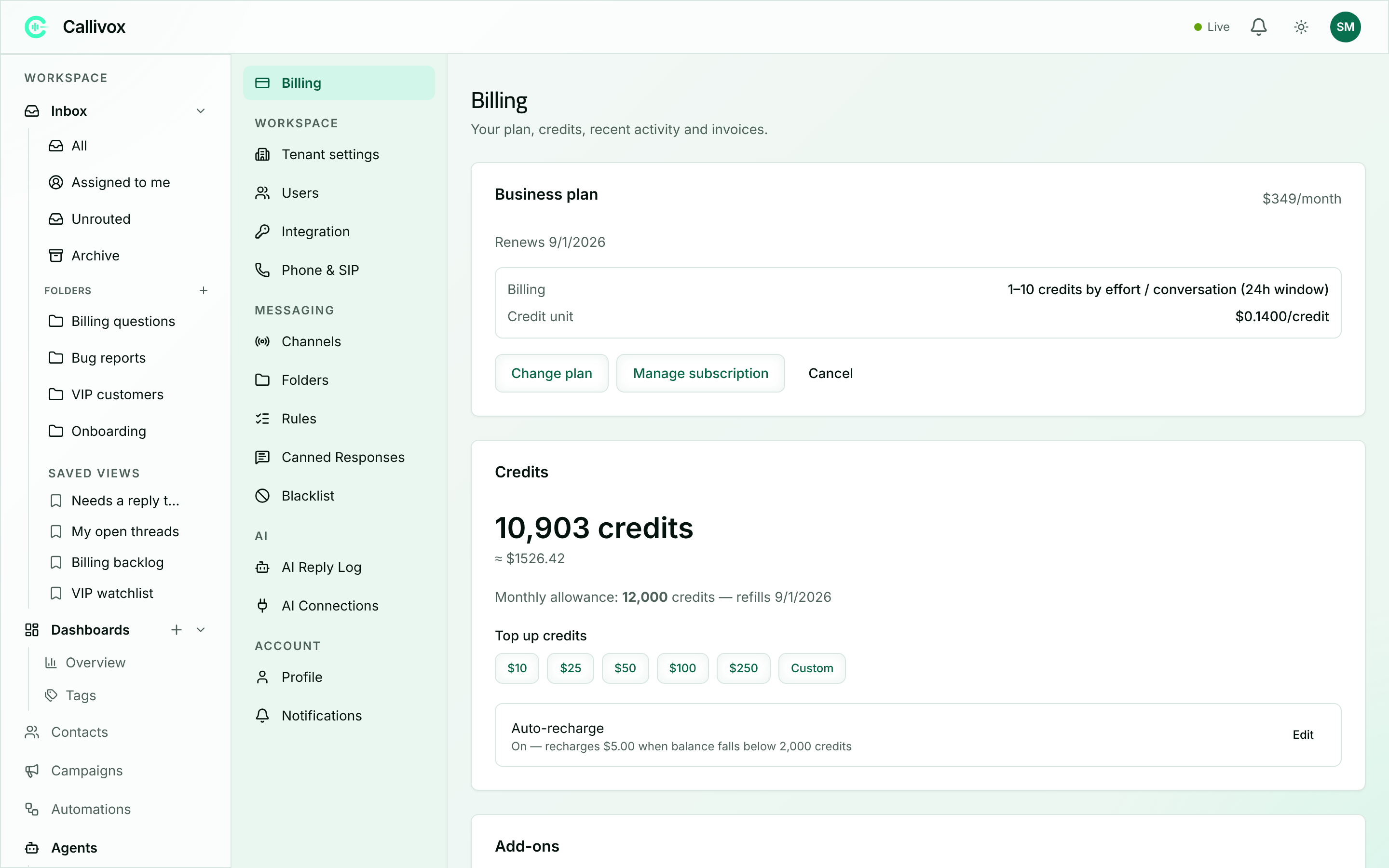 The Billing page in Callivox showing the plan card, credits card and recent activity