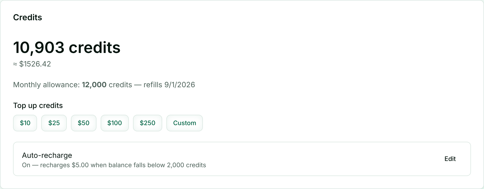 The Credits card in Callivox showing the credit balance, held credits, monthly allowance and top-up buttons