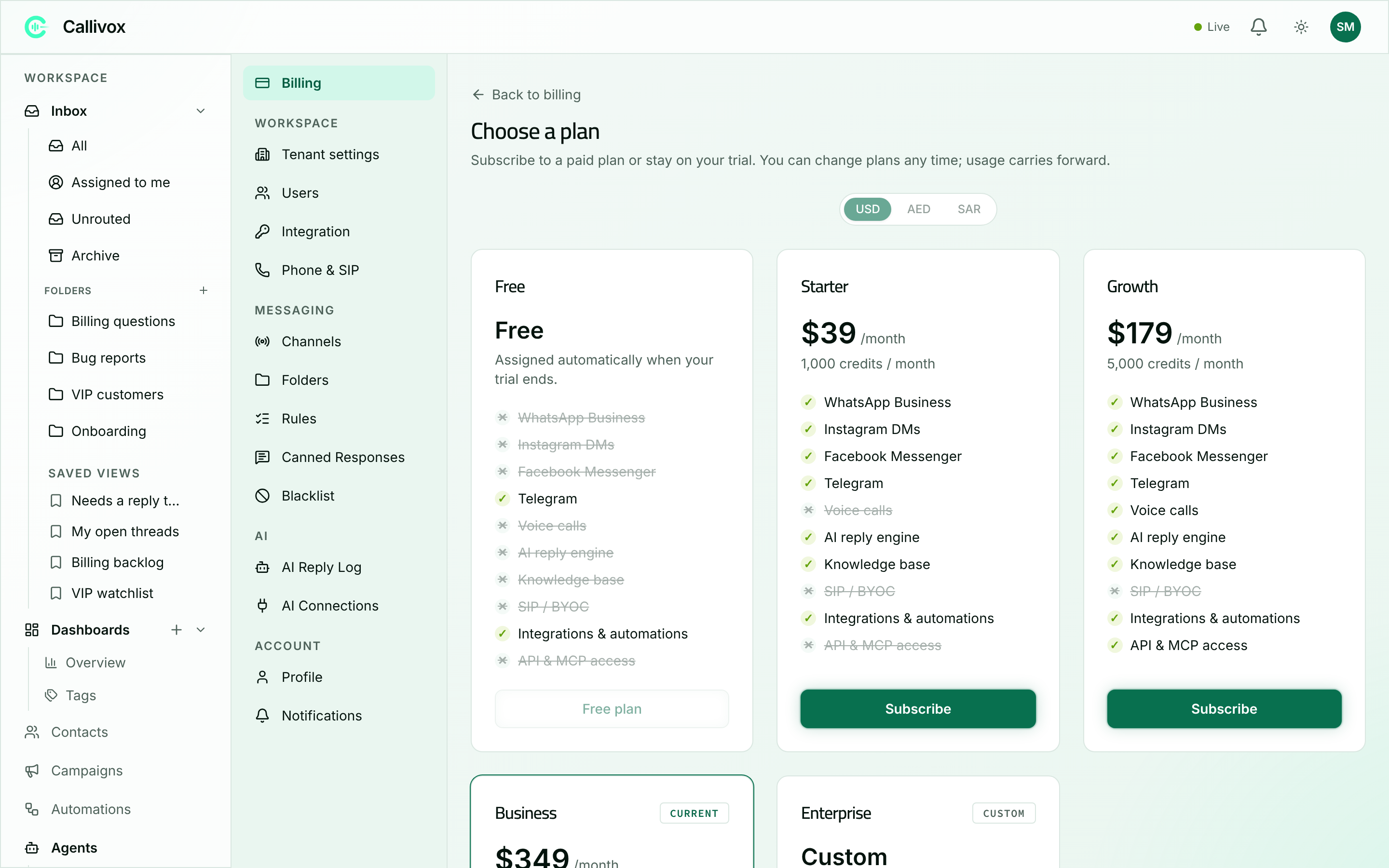 The Choose a plan page in Callivox showing plan cards with prices, credit allowances and feature lists