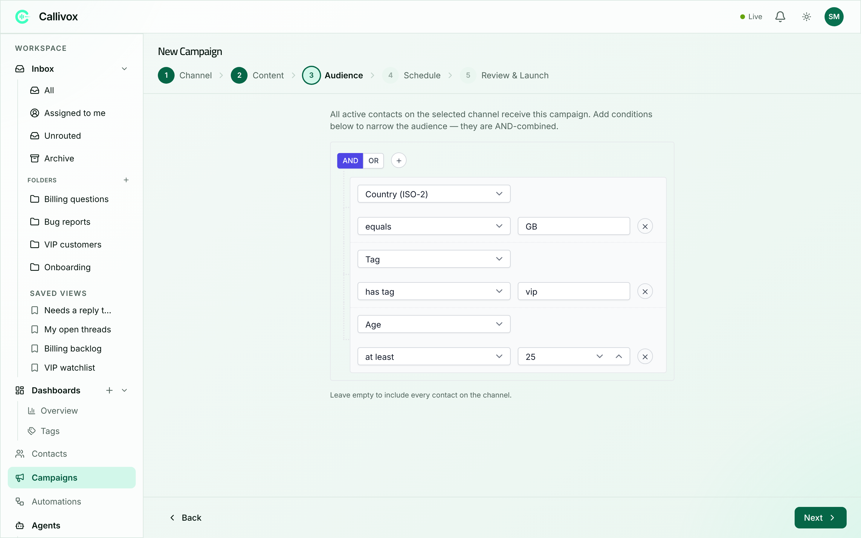 The campaign builder audience step showing condition rows for country, tag and age