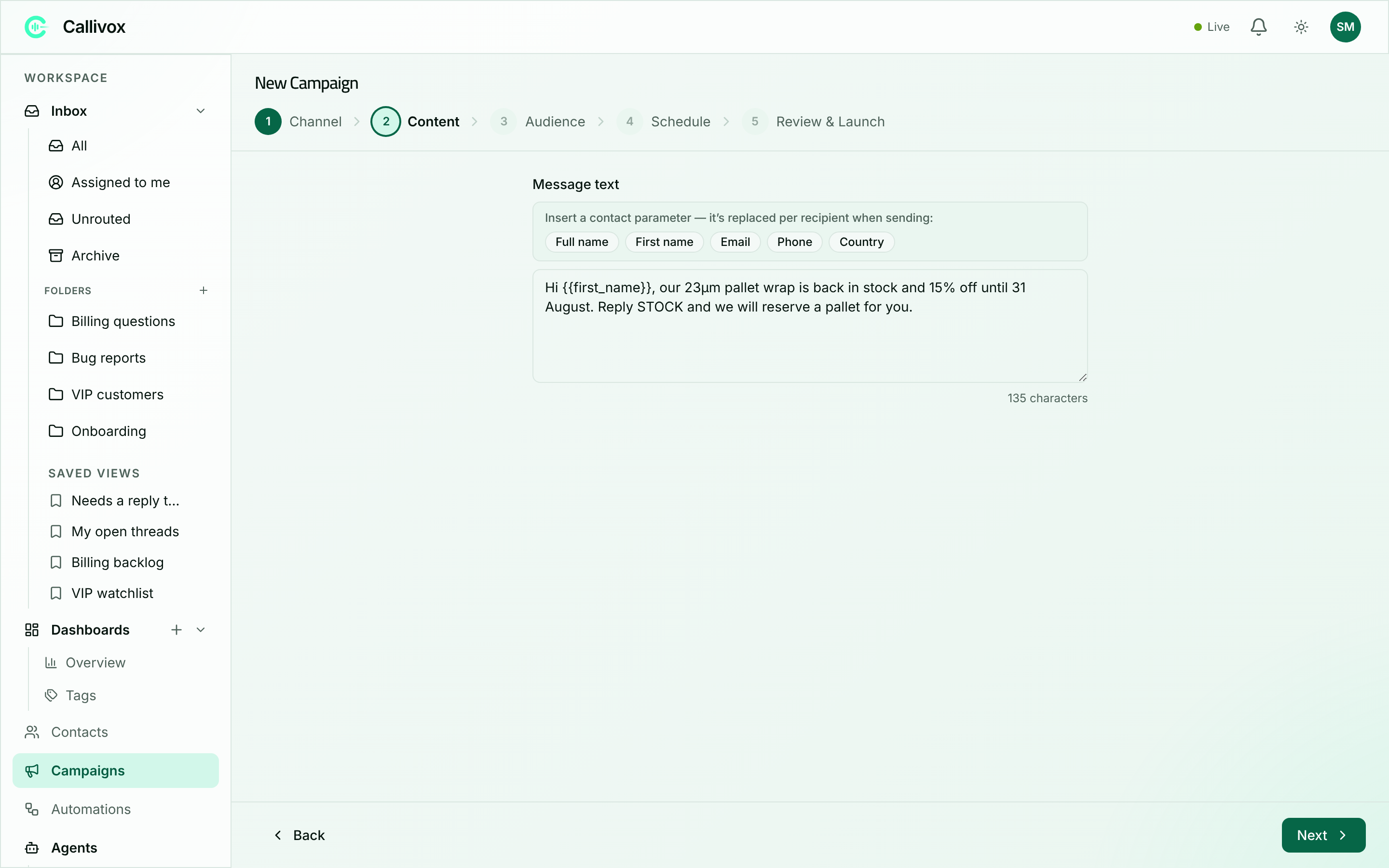 The campaign builder content step showing a message text area and chips for inserting contact parameters