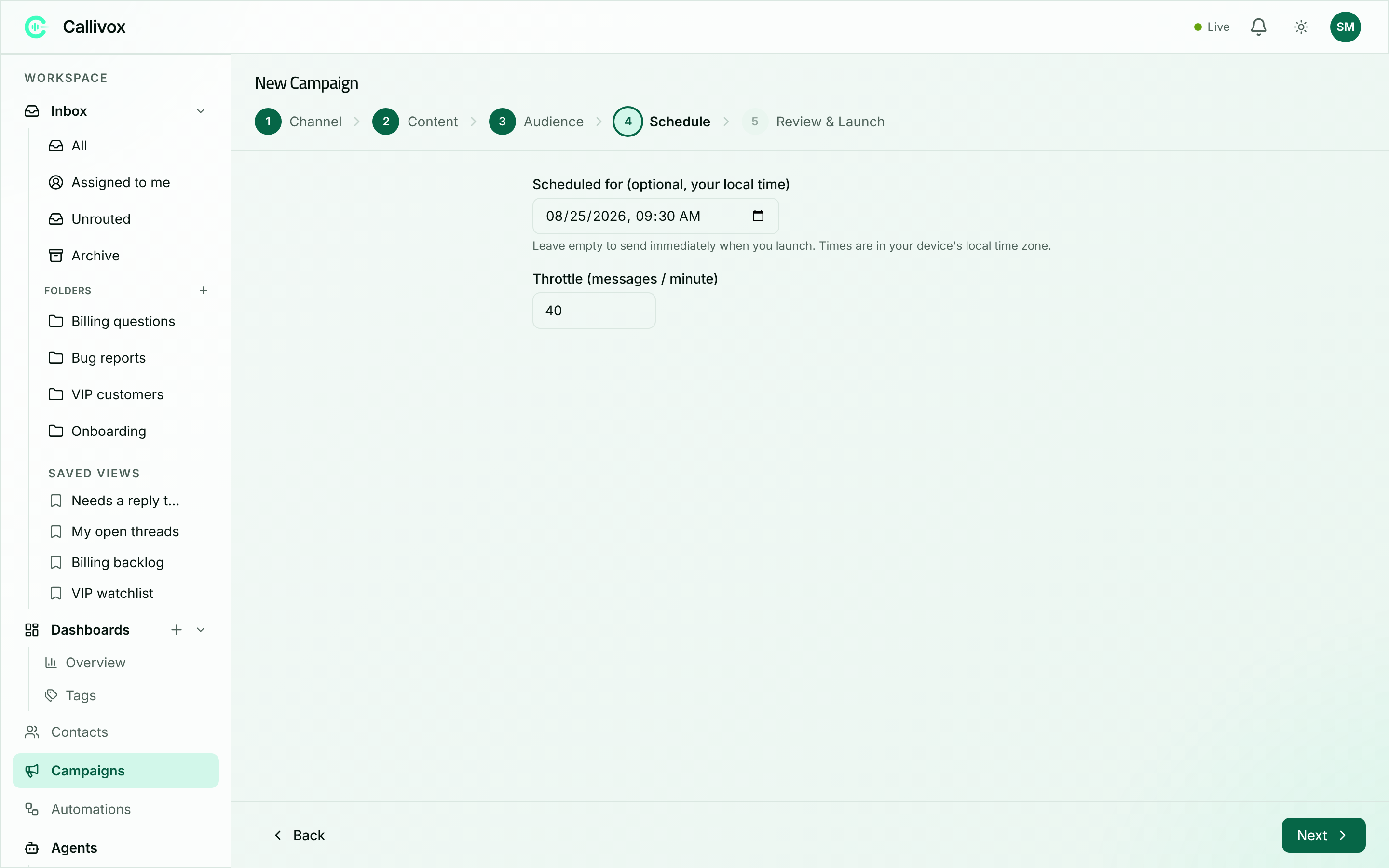 The campaign builder schedule step showing a date and time picker and a throttle field