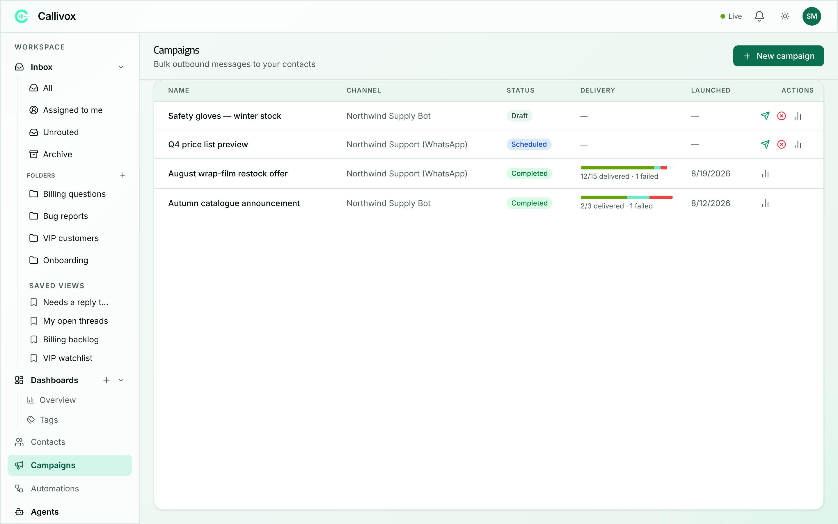 The Campaigns page listing campaigns with their channel, status, delivery bar and launch date