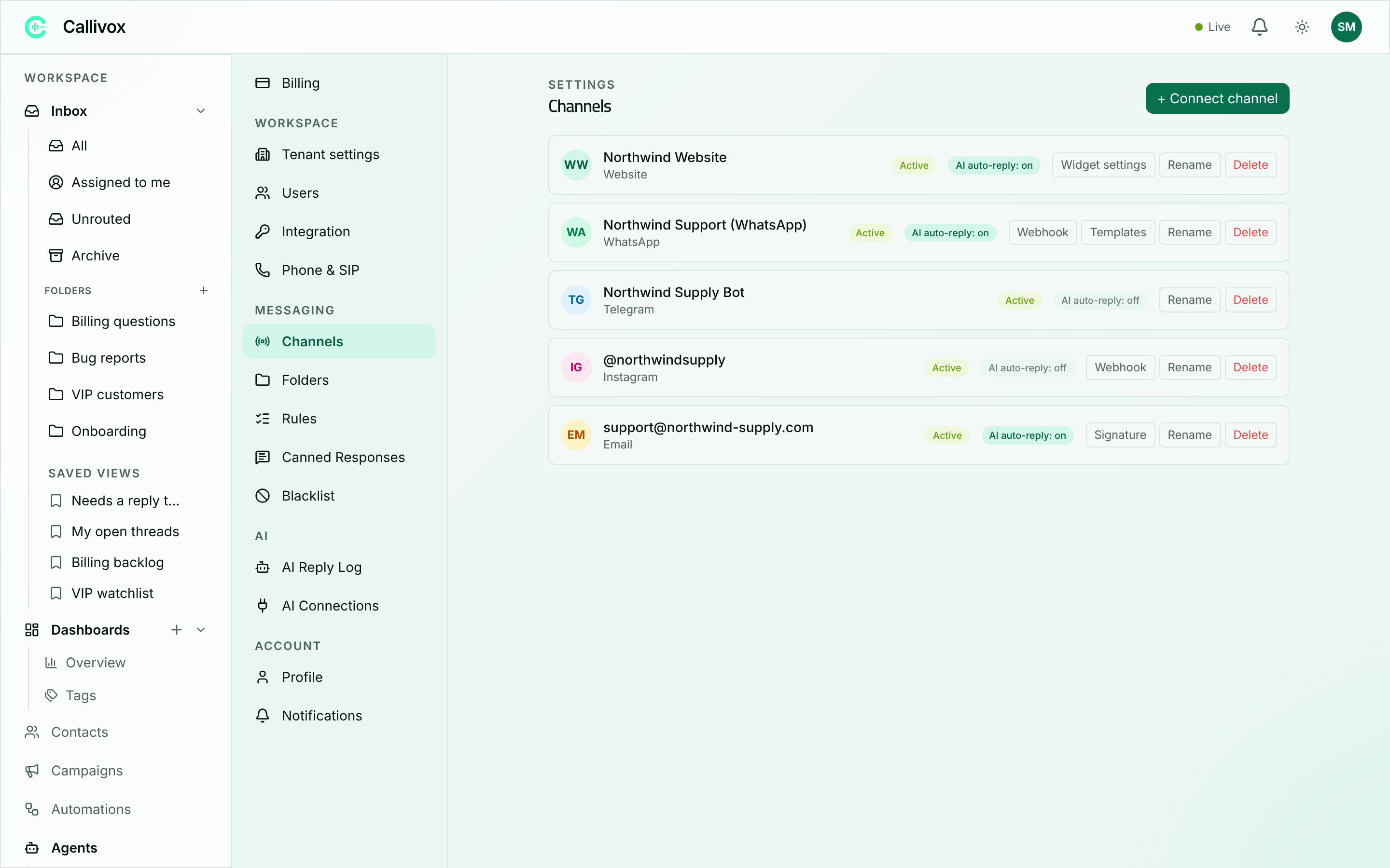 The Channels page listing connected WhatsApp, Telegram and email channels