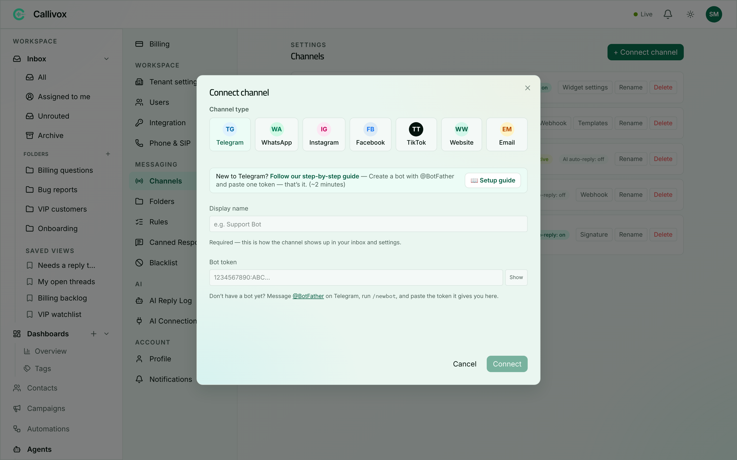The Connect channel dialog showing tiles for Telegram, WhatsApp, Instagram, Facebook, Website and Email