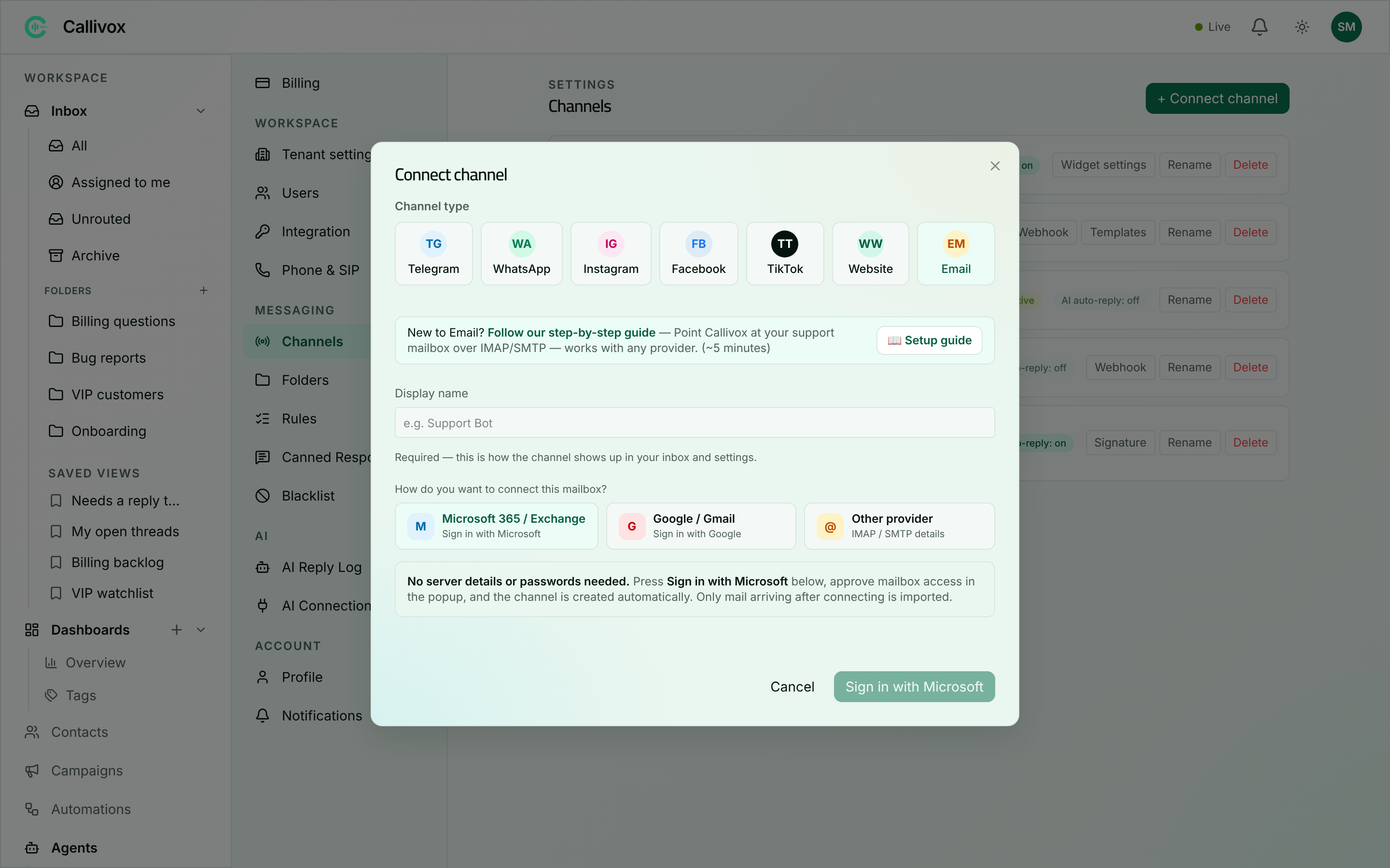 The email method chooser showing Microsoft 365 / Exchange, Google / Gmail and Other provider cards