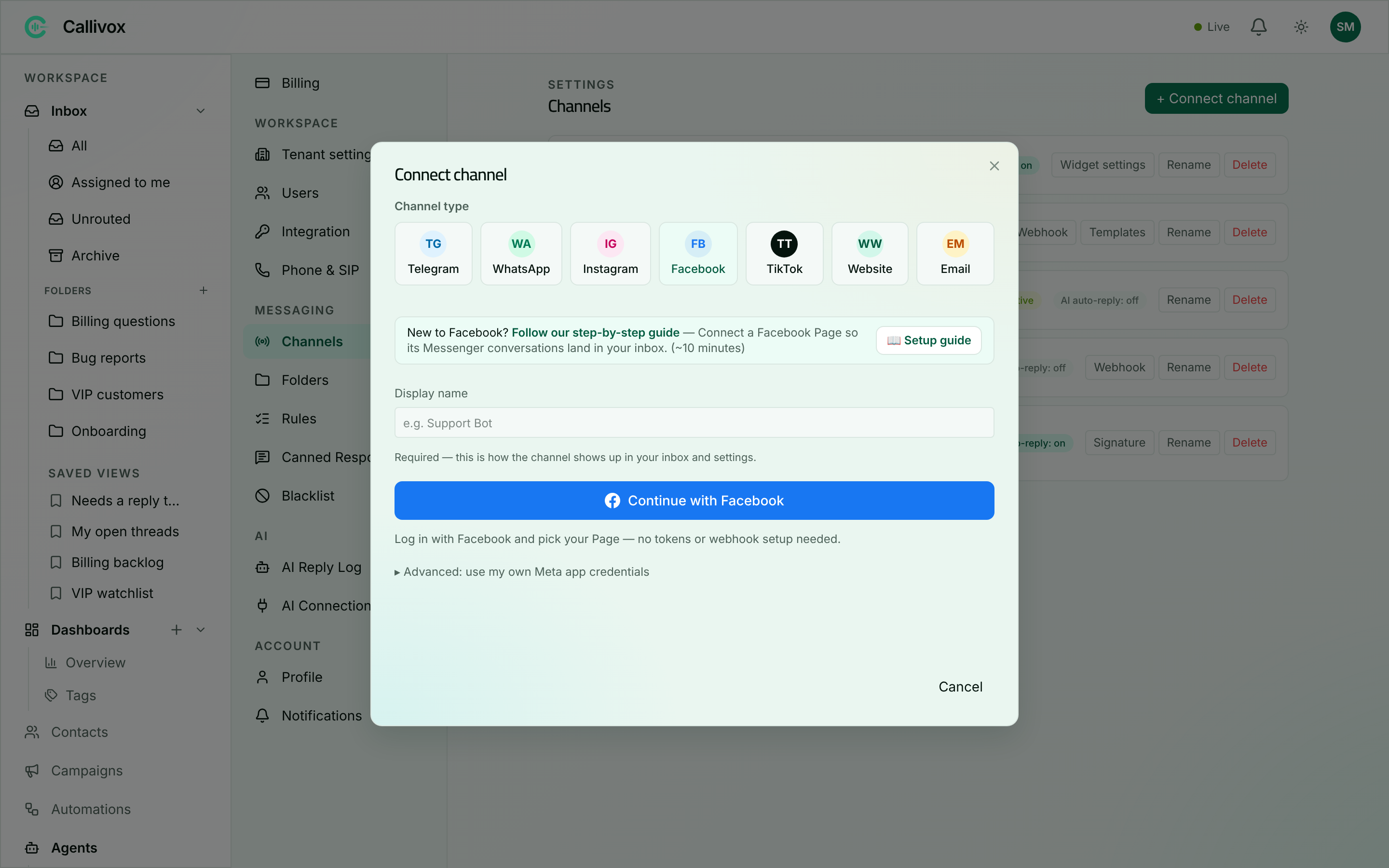 The Connect channel dialog with Facebook Messenger selected, showing the Continue with Facebook button